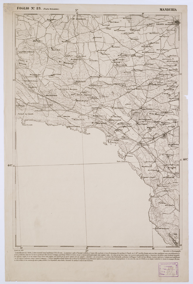 (N:2419) CARTA DELL' ITALIA MERIDIONALE EDITA DALL'ISTITUTO TOPOGRAFICO MILITARE ITALIANO - Foglio 89 parte orientale - Manduria (B0001102) Carte e stampe antiche: riproduzione a colori su carta (formato A1)