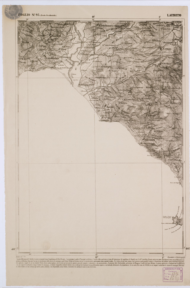 (N:2426) CARTA DELL' ITALIA MERIDIONALE EDITA DALL'ISTITUTO TOPOGRAFICO MILITARE ITALIANO - Foglio 93 parte occidentale - Laurito (B0001107) Carte e stampe antiche: riproduzione a colori su carta (formato A1)