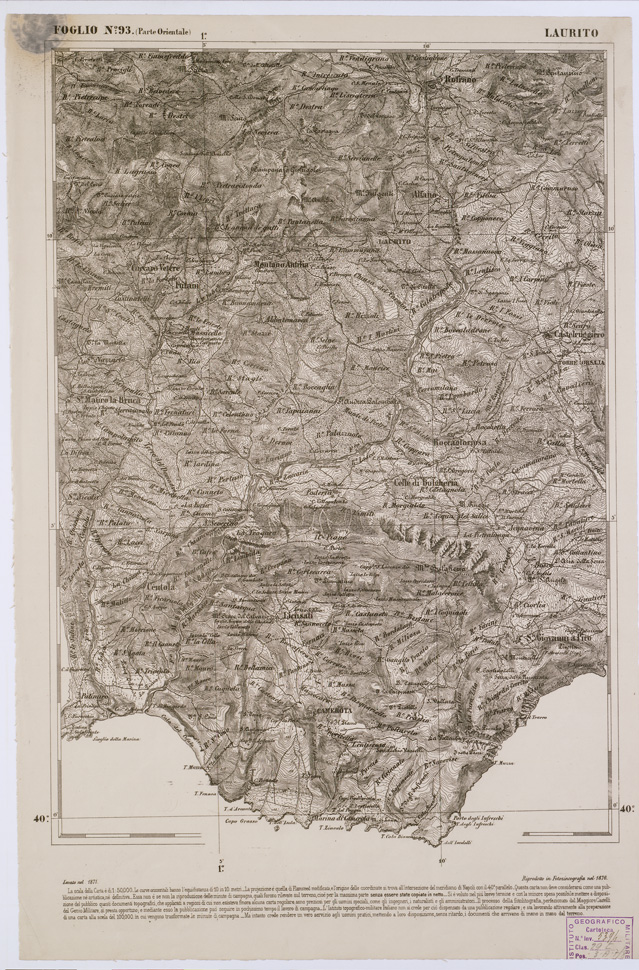 (N:2427) CARTA DELL' ITALIA MERIDIONALE EDITA DALL'ISTITUTO TOPOGRAFICO MILITARE ITALIANO - Foglio 93 parte orientale - Laurito (B0001108) Carte e stampe antiche: riproduzione a colori su carta (formato A1)