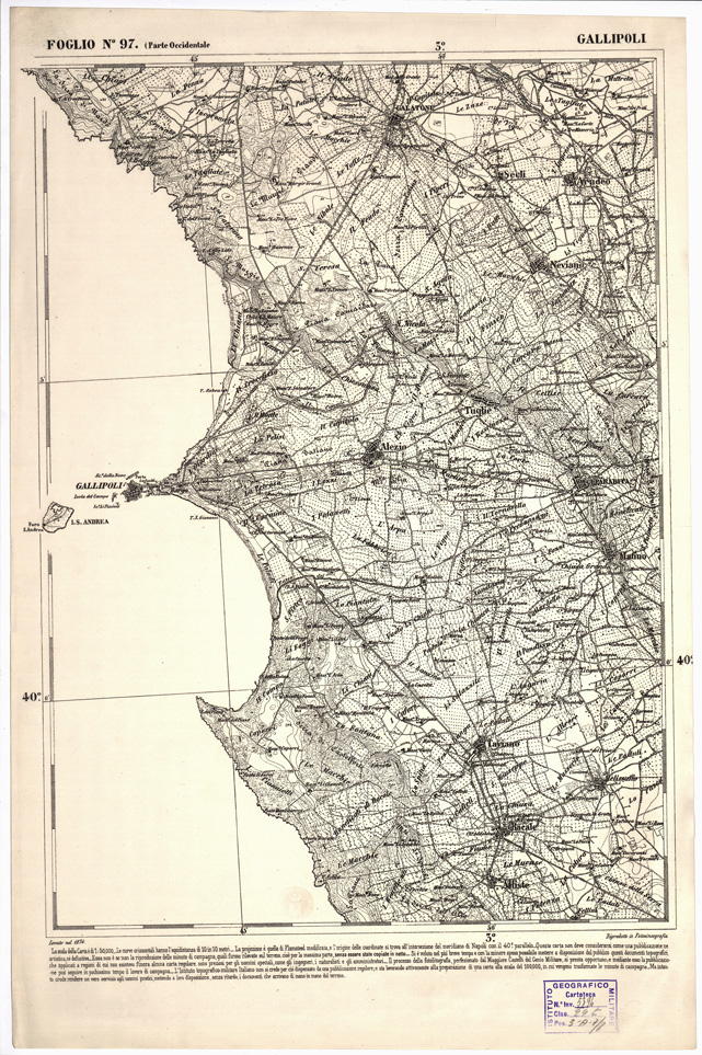 (N:2434) CARTA DELL' ITALIA MERIDIONALE EDITA DALL'ISTITUTO TOPOGRAFICO MILITARE ITALIANO - Foglio 97 parte occidentale - Gallipoli (B0001115) Carte e stampe antiche: riproduzione a colori su carta (formato A1)