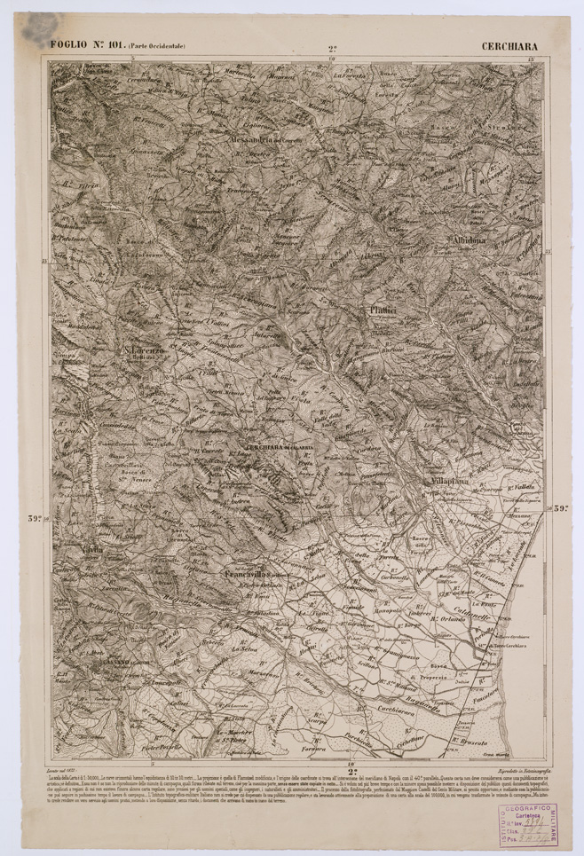 (N:2139) CARTA DELL' ITALIA MERIDIONALE EDITA DALL'ISTITUTO TOPOGRAFICO MILITARE ITALIANO - Foglio 101 parte occidentale - Cerchiara (B0001121) Carte e stampe antiche: riproduzione a colori su carta (formato A1)