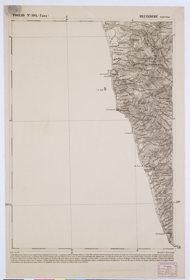 (N:2144) CARTA DELL' ITALIA MERIDIONALE EDITA DALL'ISTITUTO TOPOGRAFICO MILITARE ITALIANO - Foglio 104 - Belvedere Marittimo (B0001126) Carte e stampe antiche: riproduzione a colori su carta (formato A1)
