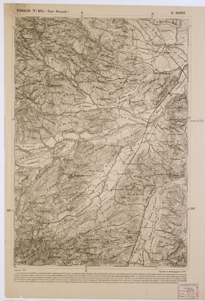 (N:2146) CARTA DELL' ITALIA MERIDIONALE EDITA DALL'ISTITUTO TOPOGRAFICO MILITARE ITALIANO - Foglio 105 parte orientale - S. Sosti (B0001128) Carte e stampe antiche: riproduzione a colori su carta (formato A1)