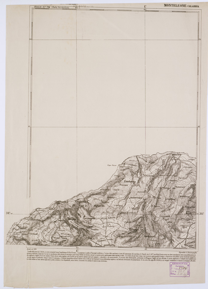 (N:2171) CARTA DELL' ITALIA MERIDIONALE EDITA DALL'ISTITUTO TOPOGRAFICO MILITARE ITALIANO - Foglio 118 parte occidentale - Monteleone Calabria (B0001151) Carte e stampe antiche: riproduzione a colori su carta (formato A1)