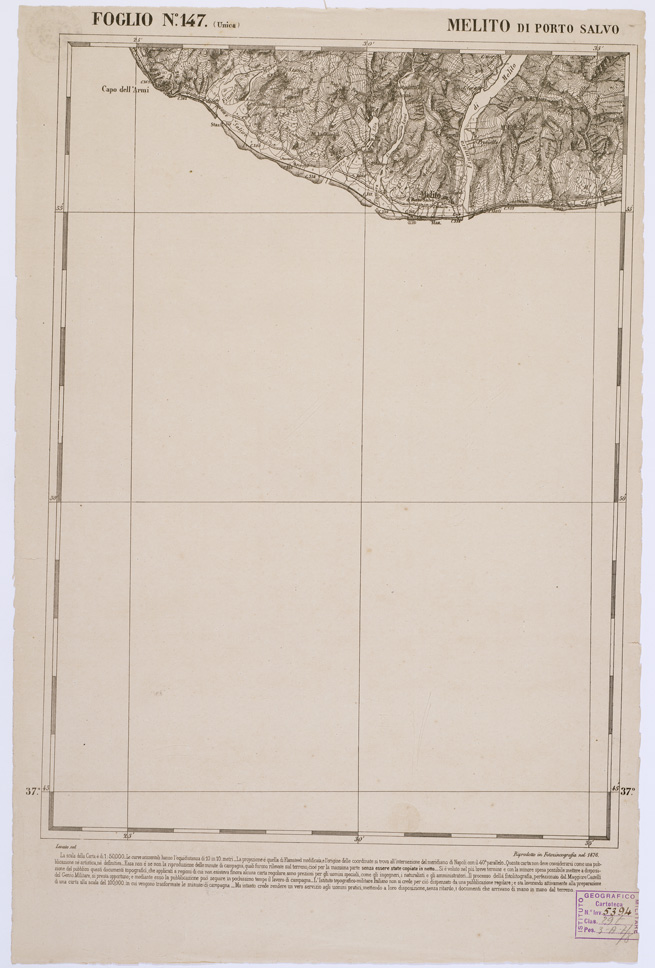 (N:2231) CARTA DELL' ITALIA MERIDIONALE EDITA DALL'ISTITUTO TOPOGRAFICO MILITARE ITALIANO - Foglio 147 - Melito di Porto Salvo (B0001186) Carte e stampe antiche: riproduzione a colori su carta (formato A1)