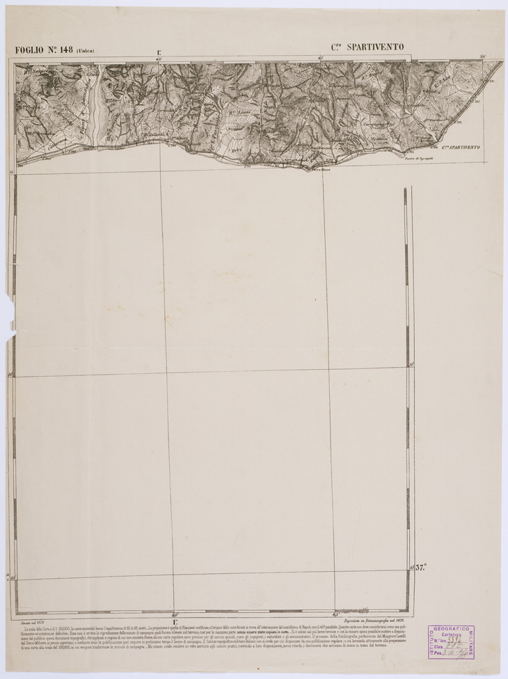 (N:2232) CARTA DELL' ITALIA MERIDIONALE EDITA DALL'ISTITUTO TOPOGRAFICO MILITARE ITALIANO - Foglio 148 - C.po Spartivento (B0001187) Carte e stampe antiche: riproduzione a colori su carta (formato A1)