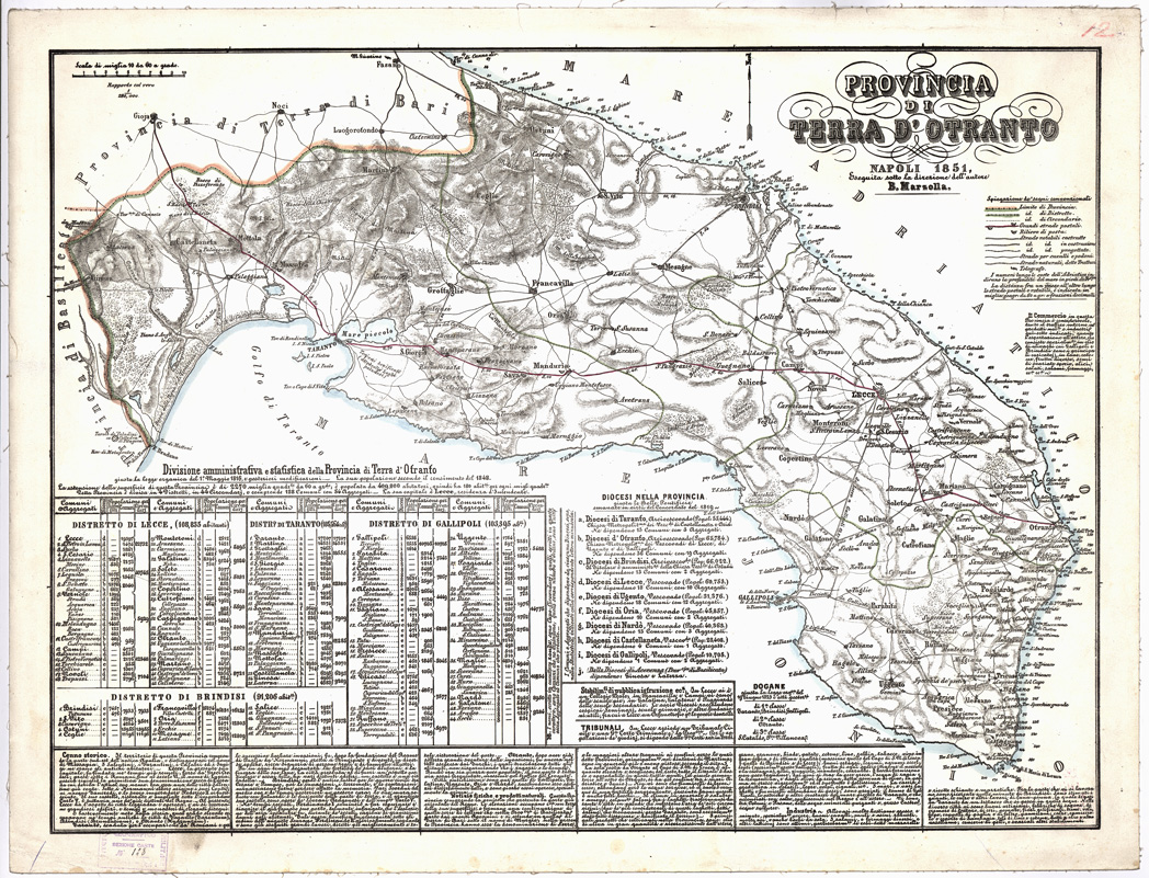 (N:1928) CARTA AMMINISTRATIVA DEL REGNO DELLE DUE SICILIE DIVISA IN SINGOLE PROVINCIE - Foglio 12 - Provincia di Terra d'Otranto (B0001345) Carte e stampe antiche: riproduzione a colori su carta (formato A1)