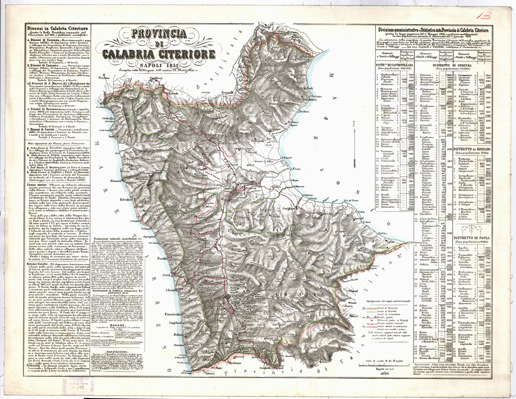 (N:1929) CARTA AMMINISTRATIVA DEL REGNO DELLE DUE SICILIE DIVISA IN SINGOLE PROVINCIE - Foglio 13 - Provincia di Calabria Citeriore (B0001346) Carte e stampe antiche: riproduzione a colori su carta (formato A1)