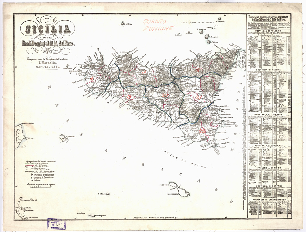 (N:1947) CARTA AMMINISTRATIVA DEL REGNO DELLE DUE SICILIE DIVISA IN SINGOLE PROVINCIE - Sicilia - Quadri d'Unione (B0001349) Carte e stampe antiche: riproduzione a colori su carta (formato A1)