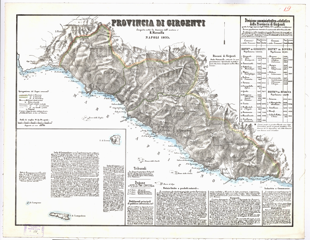 (N:1935) CARTA AMMINISTRATIVA DEL REGNO DELLE DUE SICILIE DIVISA IN SINGOLE PROVINCIE - Foglio 19 - Provincia di Girgenti (B0001353) Carte e stampe antiche: riproduzione a colori su carta (formato A1)