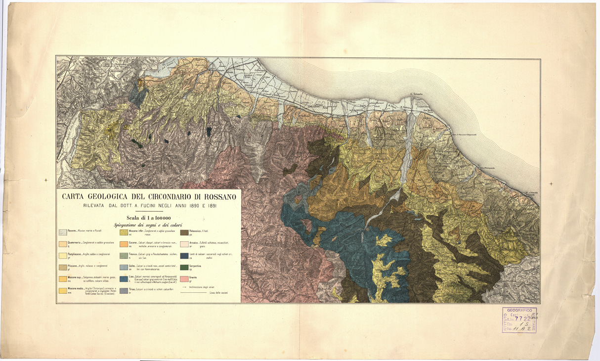 (N:5057) CARTA GEOLOGICA DEL CIRCONDARIO DI ROSSANO (B0001361) Carte e stampe antiche: riproduzione a colori su carta (formato A1)