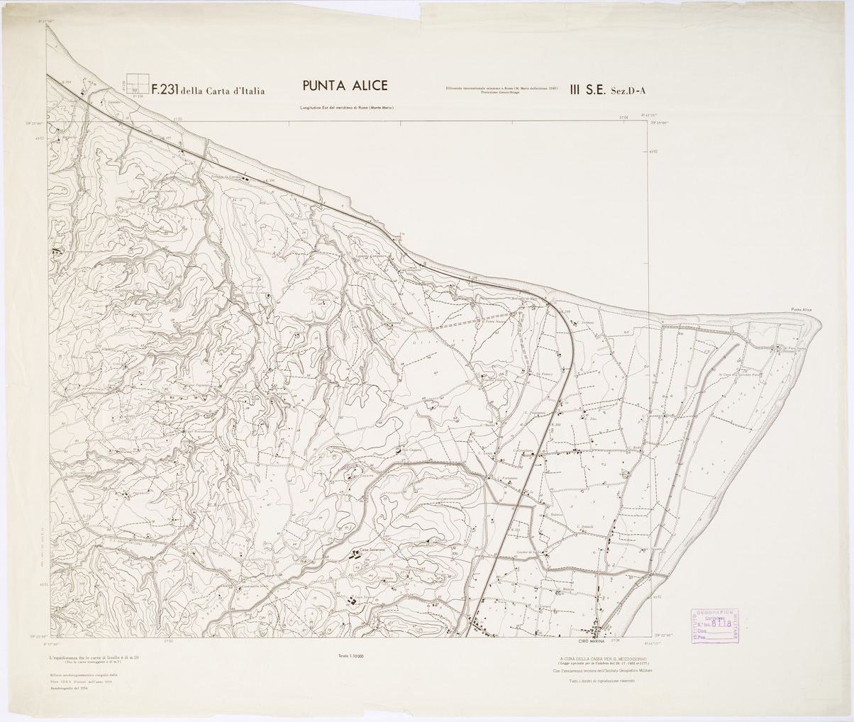 (N:7272) CARTA TOPOGRAFICA DELLA CALABRIA - Foglio 231 III S.E. SEZ.D-A - Punta Alice (B0001391) Carte e stampe antiche: riproduzione a colori su carta (formato A1)