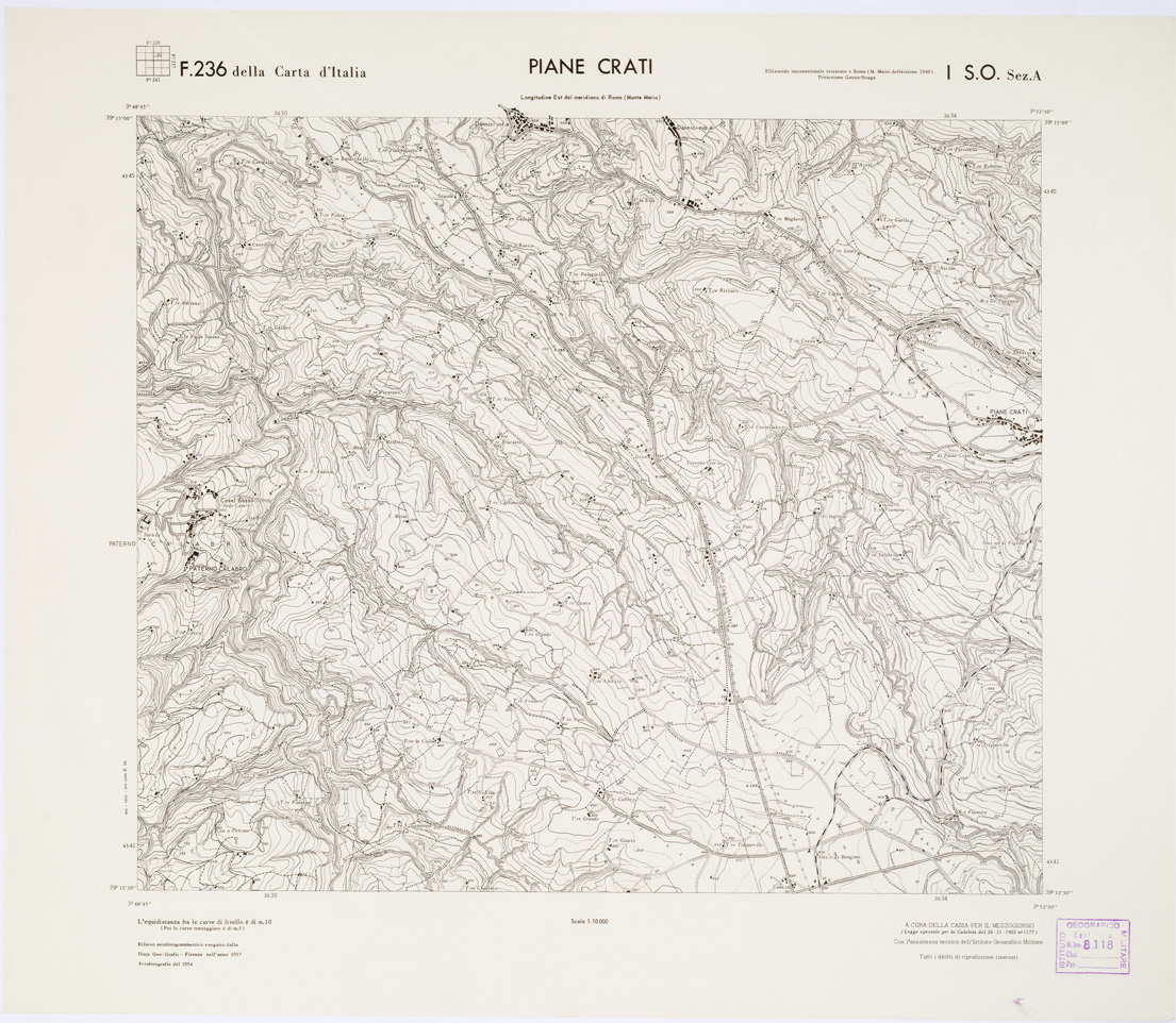 (N:7251) CARTA TOPOGRAFICA DELLA CALABRIA - Foglio 236 I S.O. SEZ.A - Piane Crati (B0001404) Carte e stampe antiche: riproduzione a colori su carta (formato A1)