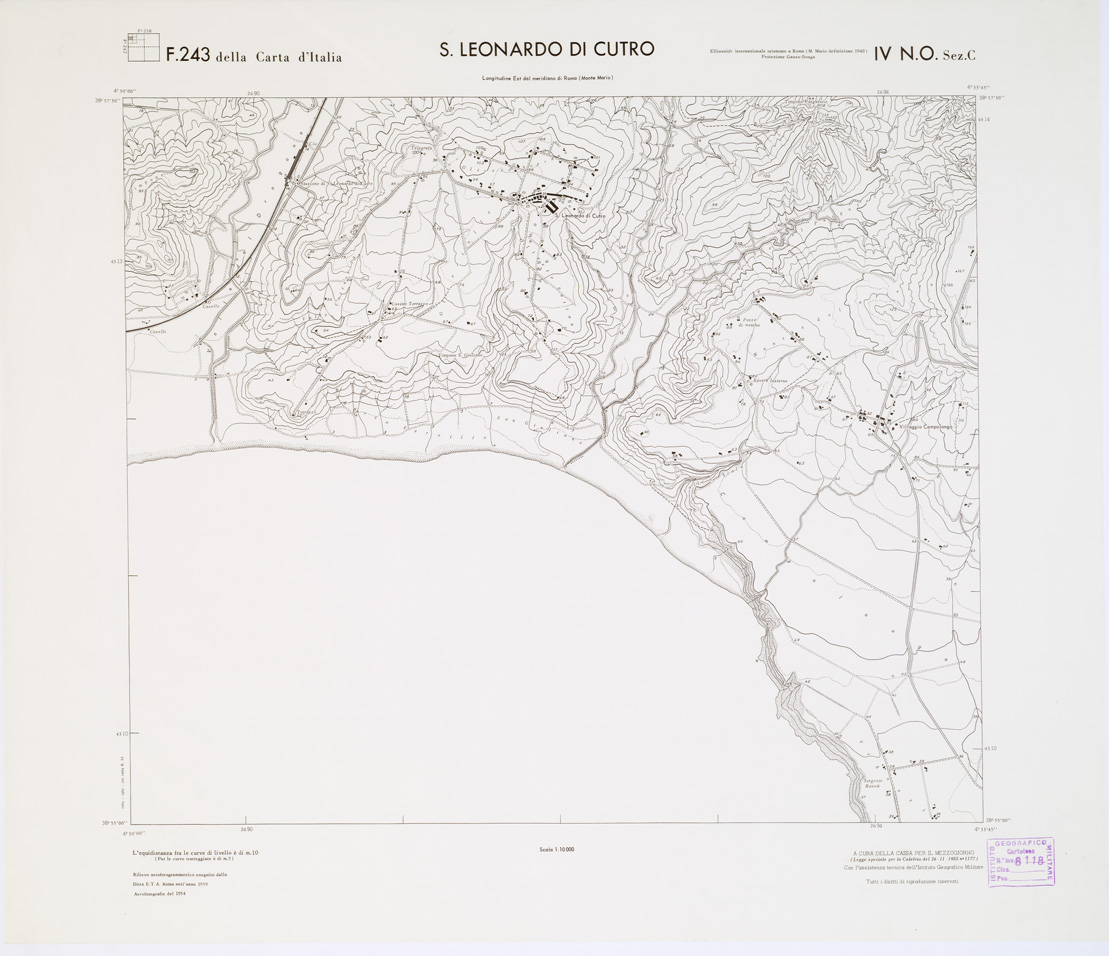 (N:7308) CARTA TOPOGRAFICA DELLA CALABRIA - Foglio 243 IV N.O. SEZ.C - S. Leonardo di Cutro (B0001625) Carte e stampe antiche: riproduzione a colori su carta (formato A1)