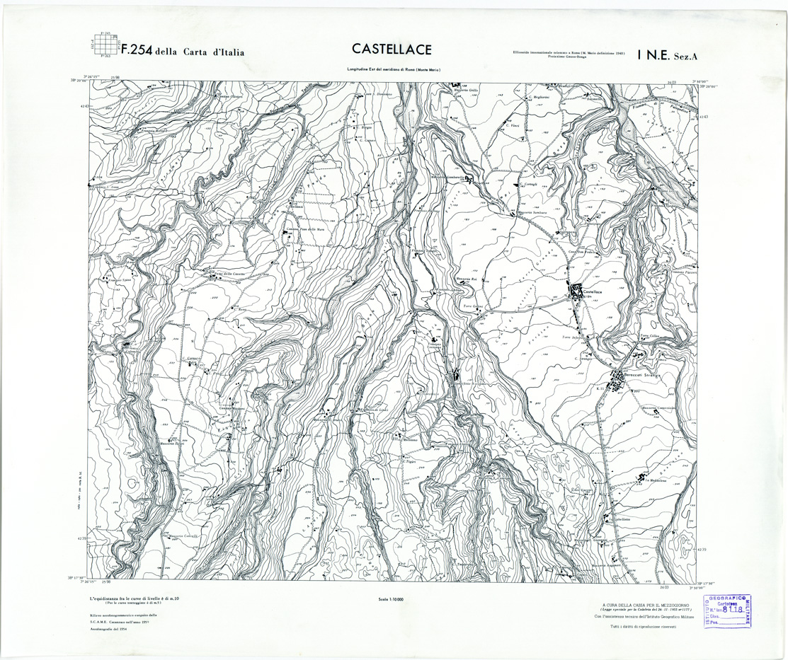 (N:7054) CARTA TOPOGRAFICA DELLA CALABRIA - Foglio 254 I N.E. SEZ.A - Castellace (B0001722) Carte e stampe antiche: riproduzione a colori su carta (formato A1)