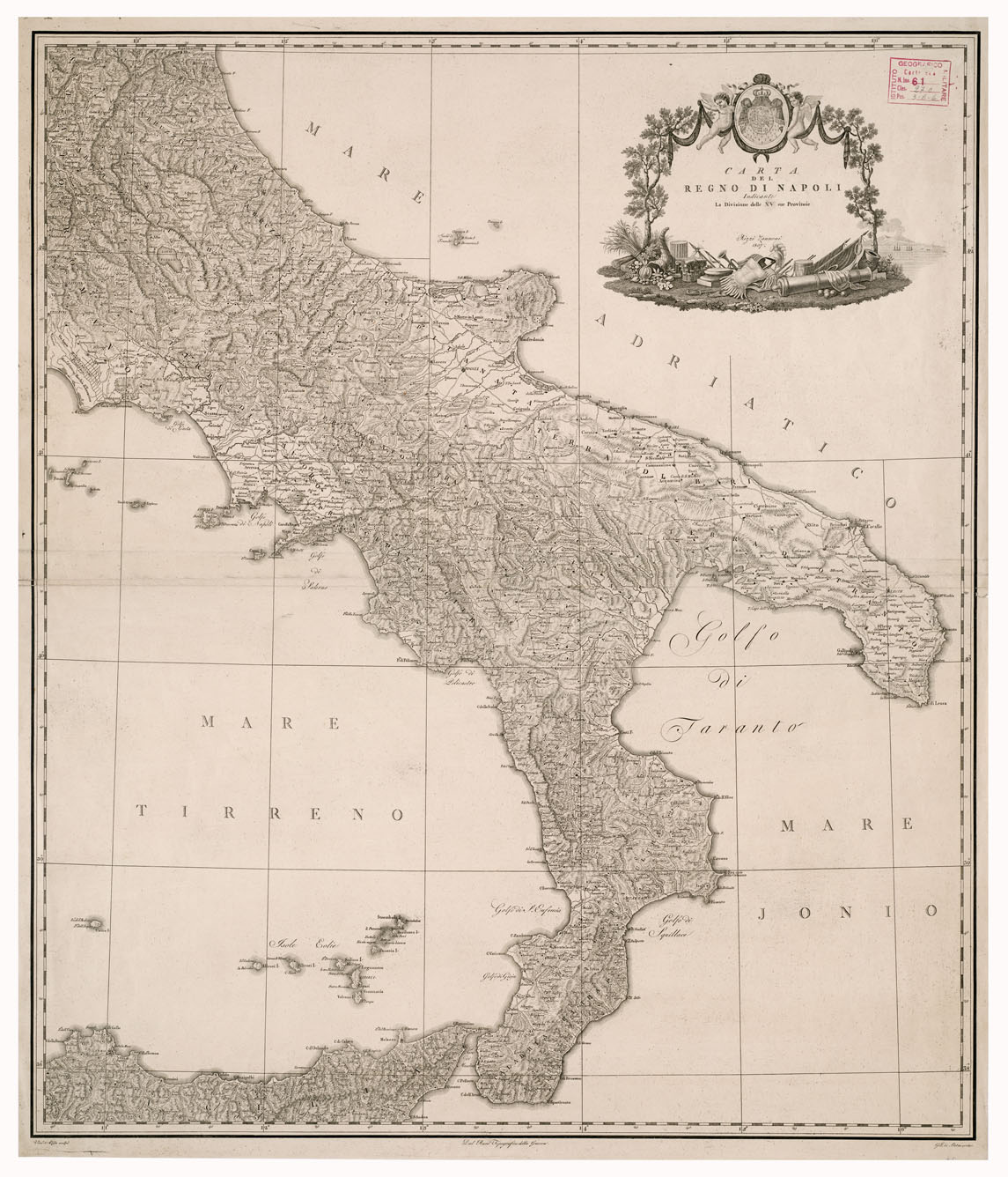 (N:2098) CARTA DEL REGNO DI NAPOLI INDICANTE LA DIVISIONE DELLE XIV SUE PROVINCIE. RIZZI ZANNONI, 1807 (B0002038) Carte e stampe antiche: riproduzione a colori su carta (formato A1)