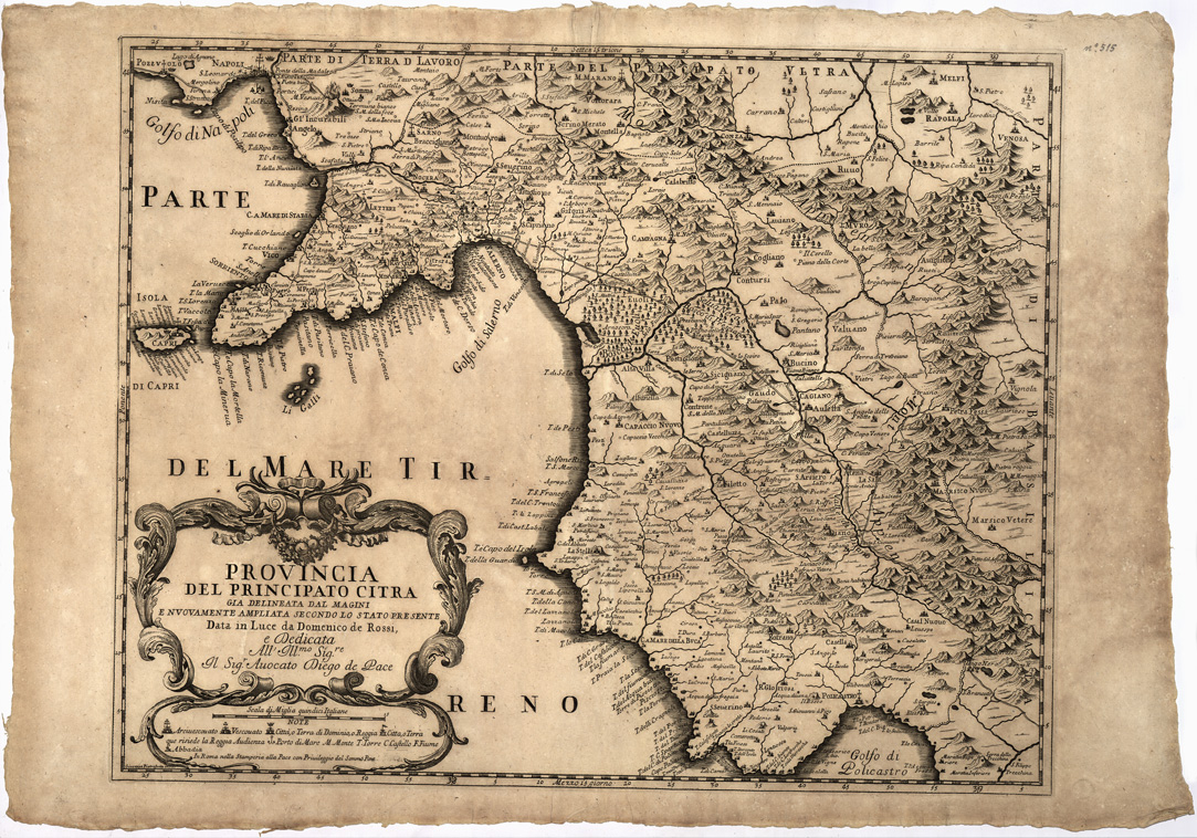 (N:14417) PROVINCIA DEL PRINCIPATO CITRA GIA' DELINEATA DAL MAGINI E NUOVAMENTE AMPLIATA SECONDO LO STATO PRESENTE. DATA IN LUCE DA DOMENICO DE ROSSI E DEDICATA ALL'ILL.MO SIG.RE IL SIG.R AVOCATO DIEGO DE PACE. (B0002069) Carte e stampe antiche: riproduzione a colori su carta (formato A1)