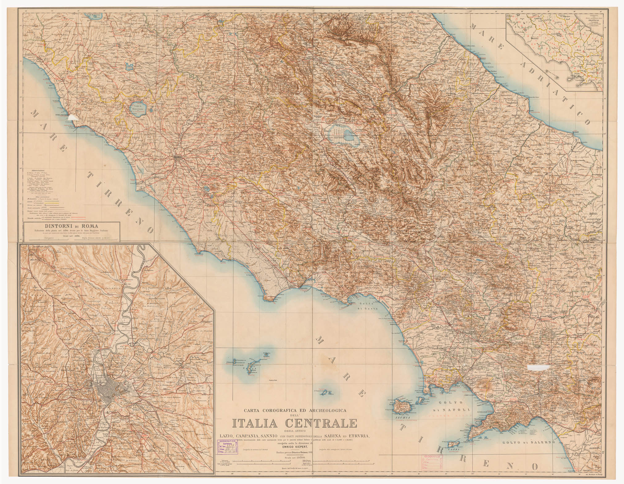 (N:36725) CARTA COROGRAFICA ED ARCHEOLOGICA DELL'ITALIA CENTRALE OSSIA ANTICO LAZIO, CAMPANIA, SANNIO, CON PARTI MERIDIONALI DELLA SABINA ED ETRURIA (B0002082) Carte e stampe antiche: riproduzione a colori su carta (formato A1)