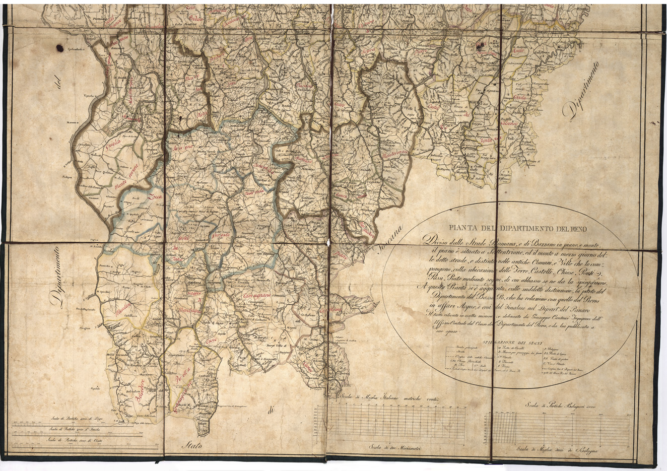 (N:13259) PIANTA DEL DIPARTIMENTO DEL RENO DIVISO DALLE STRADE ROMANE ECC. IL TUTTO RILEVATO IN ESATTA MISURA E DELINEATO DA GIUSEPPE CANTORI ECC. (B0002260, B0002261, B2260-61) Carte e stampe antiche: riproduzione a colori su carta (formato A1)