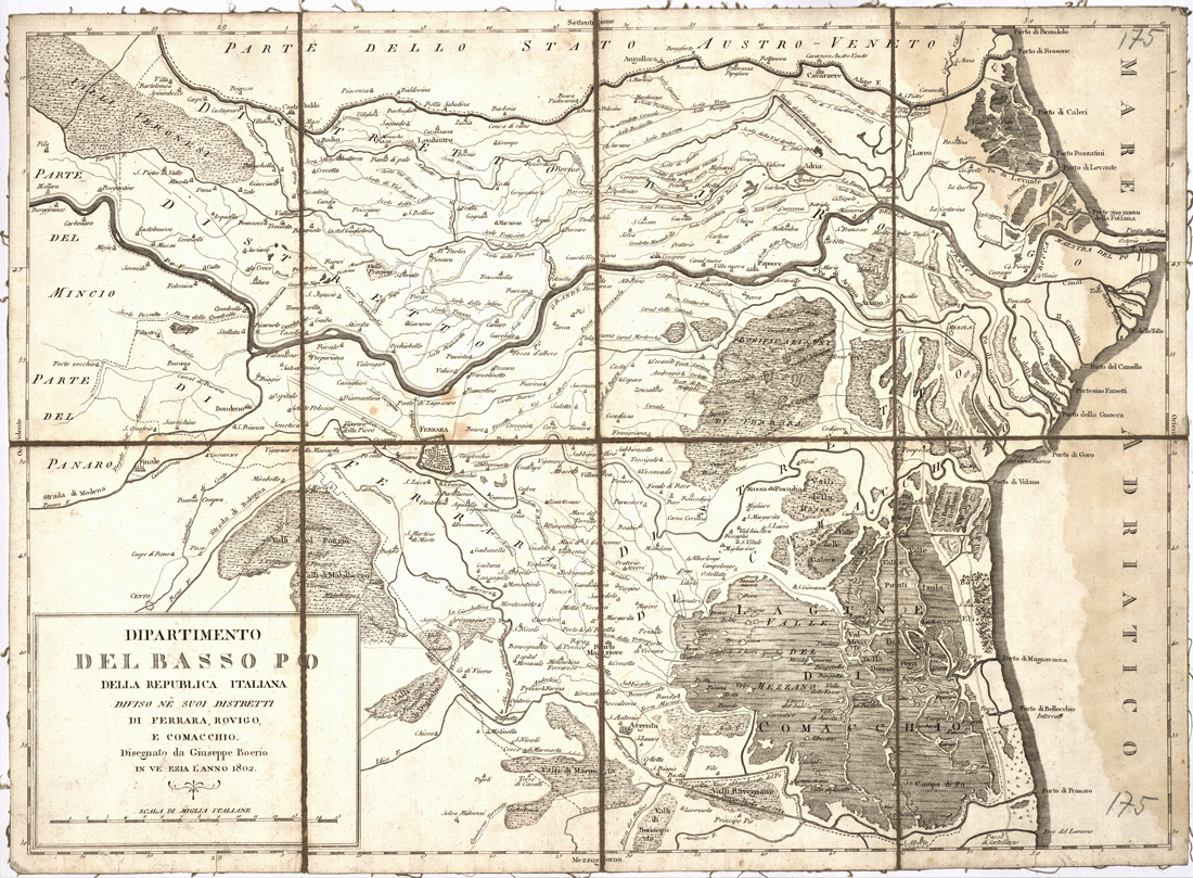 (N:9616) DIPARTIMENTO DEL BASSO PO' DELLA REPUBBLICA ITALIANA DIVISO NE' SUOI DISTRETTI DI FERRARA, ROVIGO E COMACCHIO. DISEGNATO DA GIUSEPPE BOERIO IN VENEZIA L'ANNO 1802. (B0002267) Carte e stampe antiche: riproduzione a colori su carta (formato A1)