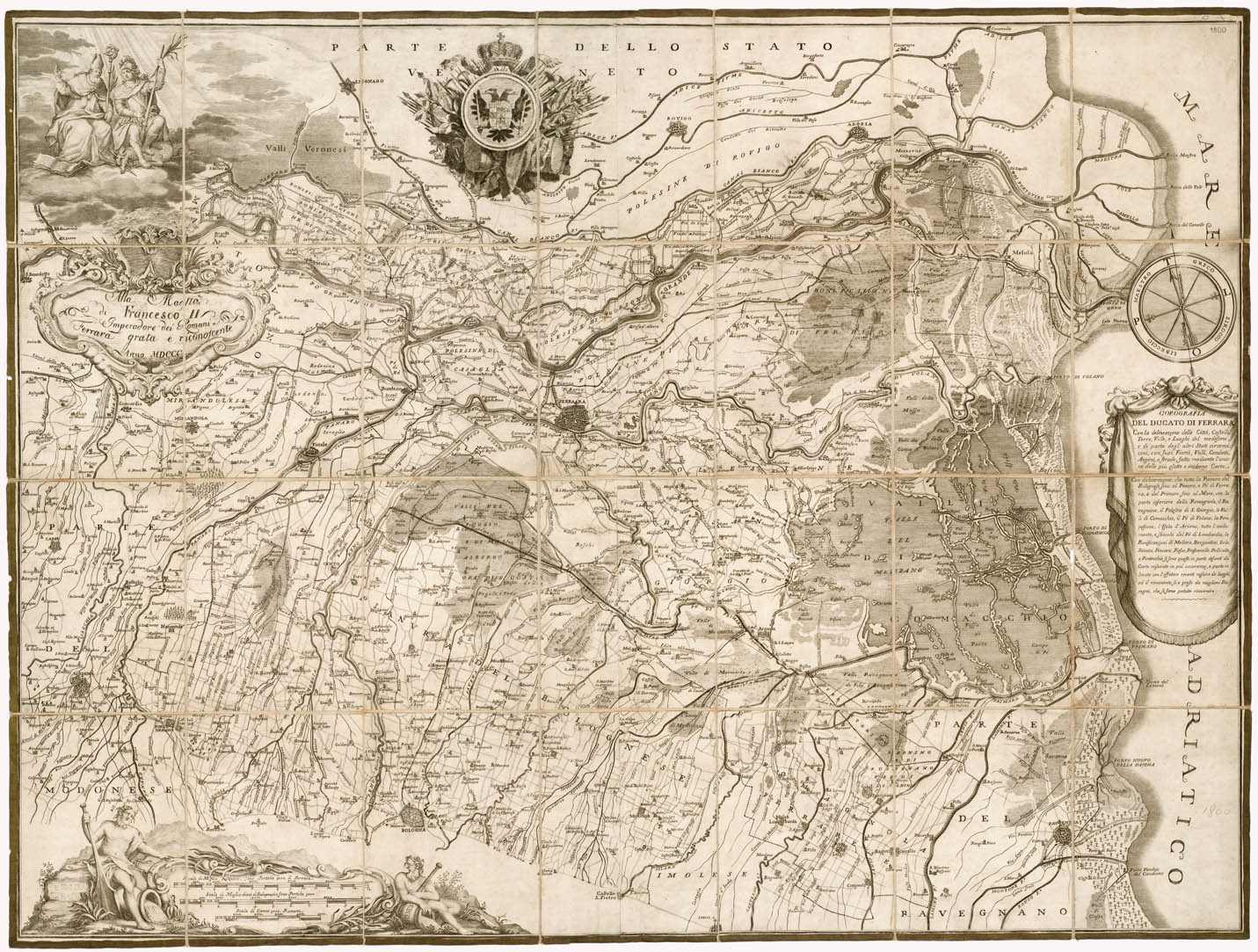 (N:9121) COROGRAFIA DEL DUCATO DI FERRARA CON LA DELINEAZIONE DELLE CITTA', CASTELLI,TERRE, VILLE E LUOGHI DEL MEDESIMO E DI PARTE DEGLI ALTRI STATI CIRCONVICINI, CON I SUOI FIUMI, VALLI, CONDOTTI, ARGINI, E STRADE (B0002270) Carte e stampe antiche: riproduzione a colori su carta (formato A1)