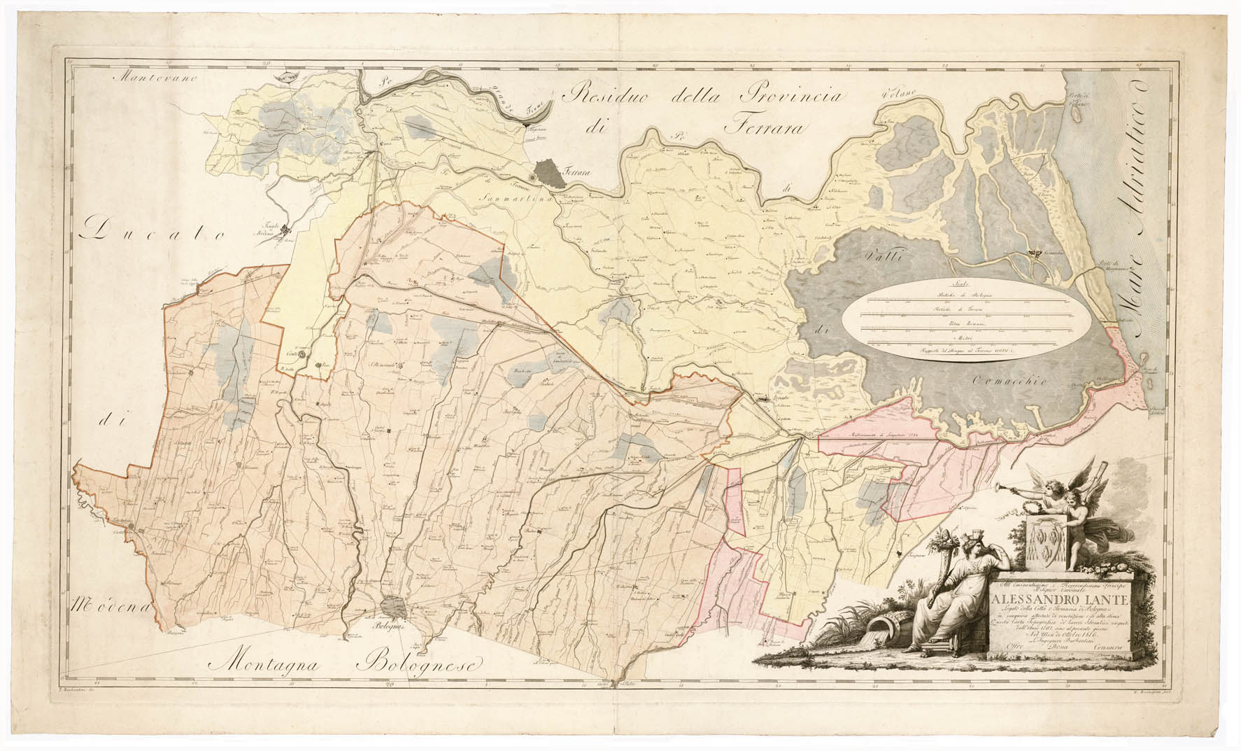 (N:6461) CARTA TOPOGRAFICA DEI LAVORI IDRAULICI ESEGUITI DALL'ANNO 1767 SINO - AL 1816 NELLE PROVINCIE DI BOLOGNA E DI FERRARA. (B0002304) Carte e stampe antiche: riproduzione a colori su carta (formato A1)