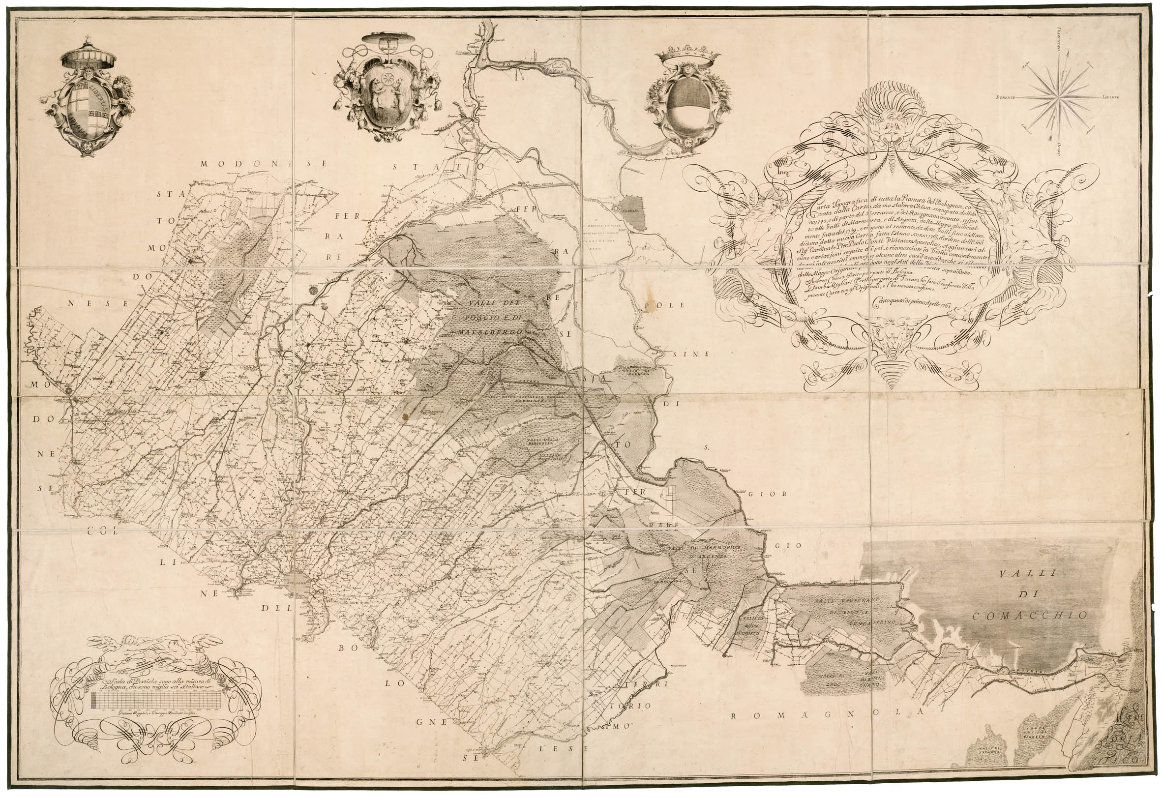 (N:8218) CARTA TOPOGRAFICA DI TUTTA LA PIANURA DEL BOLOGNESE CAVATA DALLA CARTA DA ME ANDREA CHIESA STAMPATA DELL'ANNO 1742, E IN PARTE DEL FERRARESE, E DEL RAVEGNANO, DESUNTA, RISPETTO ALLE VALLI DI MARMORTA, E DI ARGENTA... (B0002367) Carte e stampe antiche: riproduzione a colori su carta (formato A1)