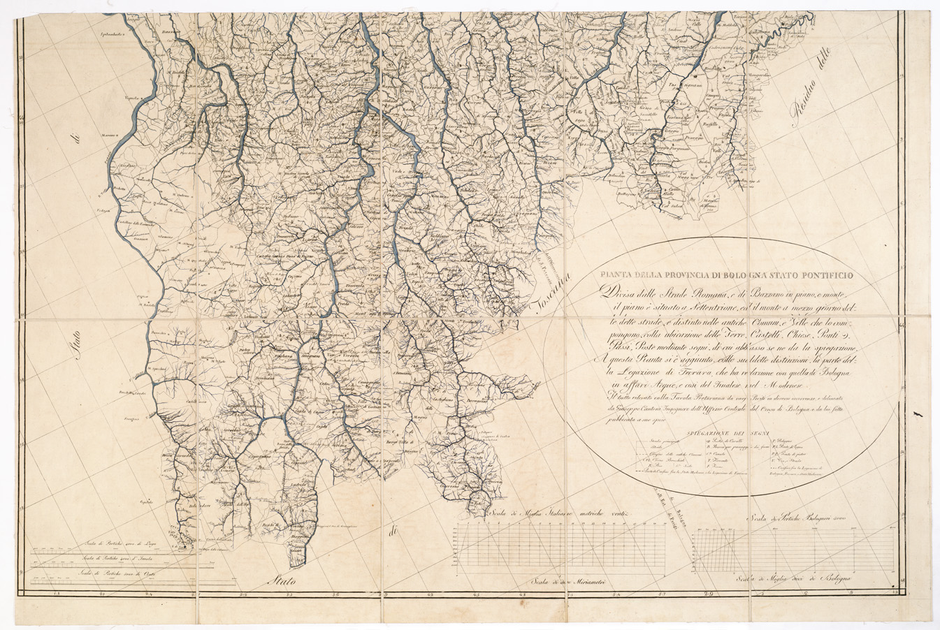 (N:13842) PIANTA DELLA PROVINCIA DI BOLOGNA STATO PONTIFICIO DIVISA DALLE STRADE ROMANA E DI BAZZANO IN PIANO, IN MONTE, ECC., (s. d.).- Foglio Sud (B0002375) Carte e stampe antiche: riproduzione a colori su carta (formato A1)
