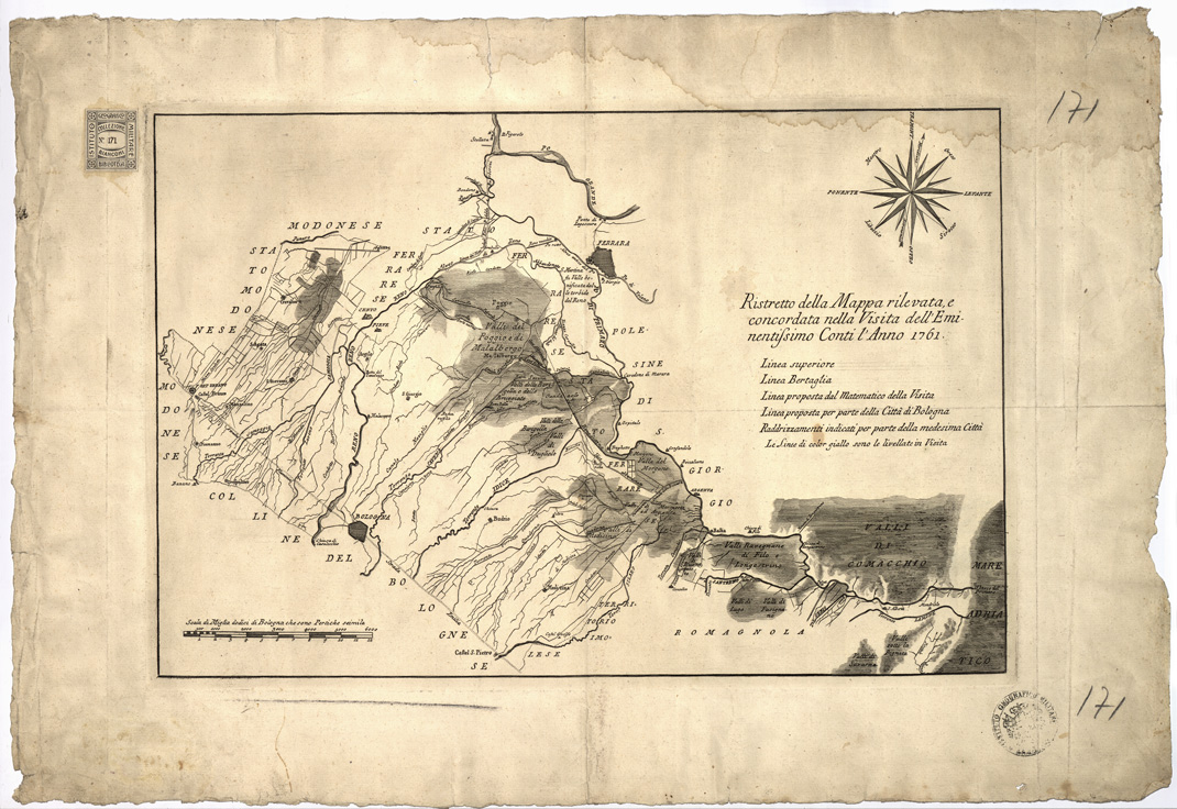 (N:15350) RISTRETTO DELLA MAPPA RILEVATA E CONCORDATA NELLA VISITA DELL'EMINENTISSIMO CONTI L'ANNO 1761. (B0002383) Carte e stampe antiche: riproduzione a colori su carta (formato A1)