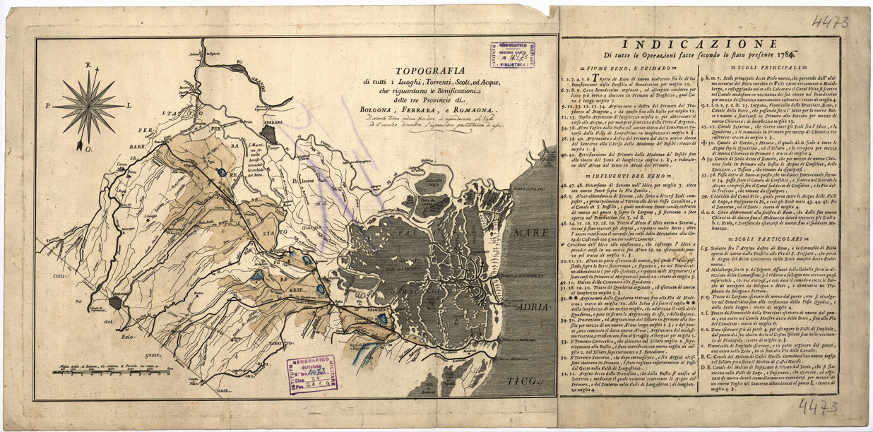 (N:12877) TOPOGRAFIA DI TUTTI I LUOGHI, TORRENTI, SCOLI, ED ACQUE CHE RIGUARDANO LE BONIFICAZIONI DELLE TRE PROVINCIE DI BOLOGNA, FERRARA E ROMAGNA (B0002386) Carte e stampe antiche: riproduzione a colori su carta (formato A1)