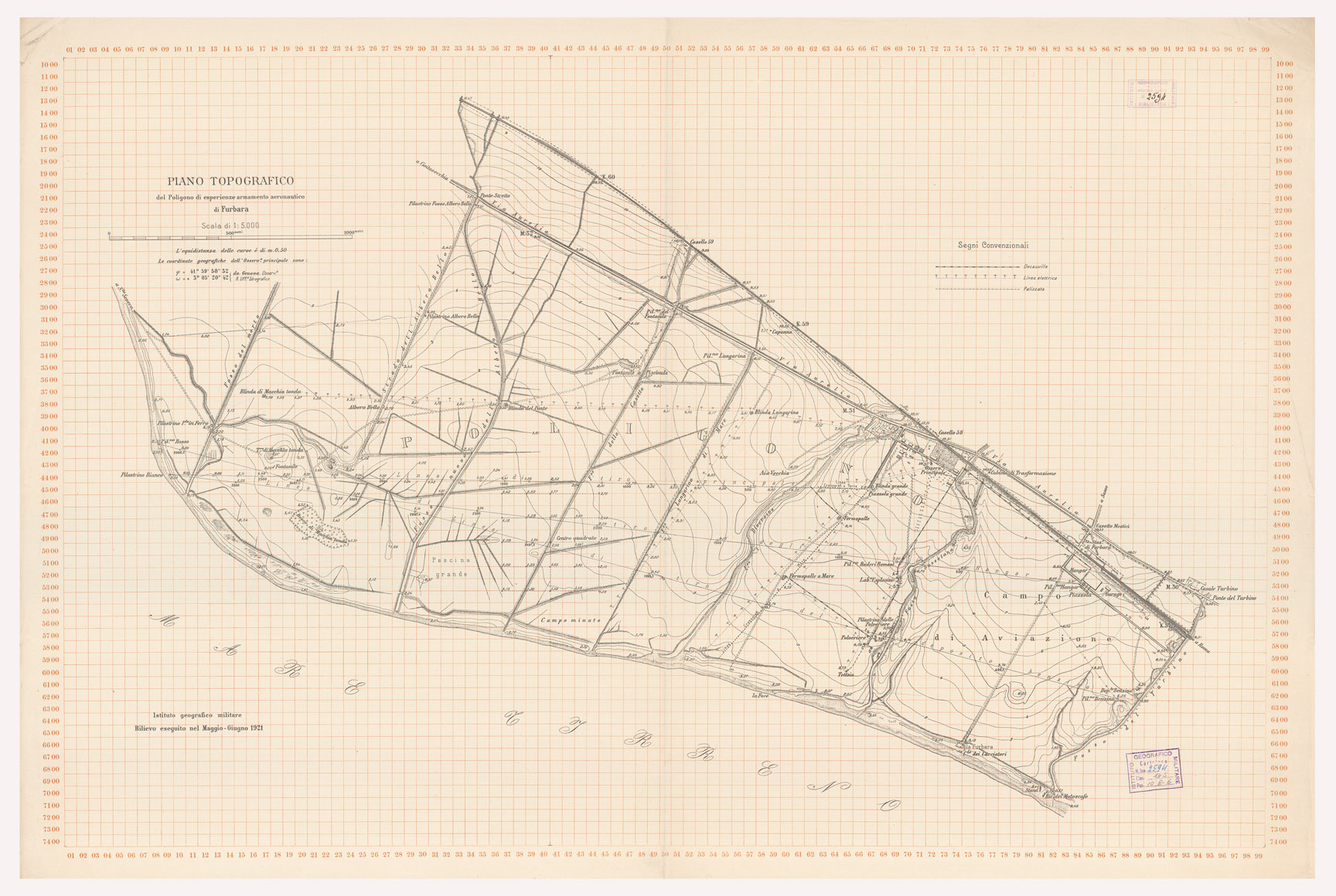 (N:13533) PIANO TOPOGRAFICO DEL POLIGONO DI ESPERIENZE E ARMAMENTO AERONAUTICO DI FURBARA (B0002452) Carte e stampe antiche: riproduzione a colori su carta (formato A1)