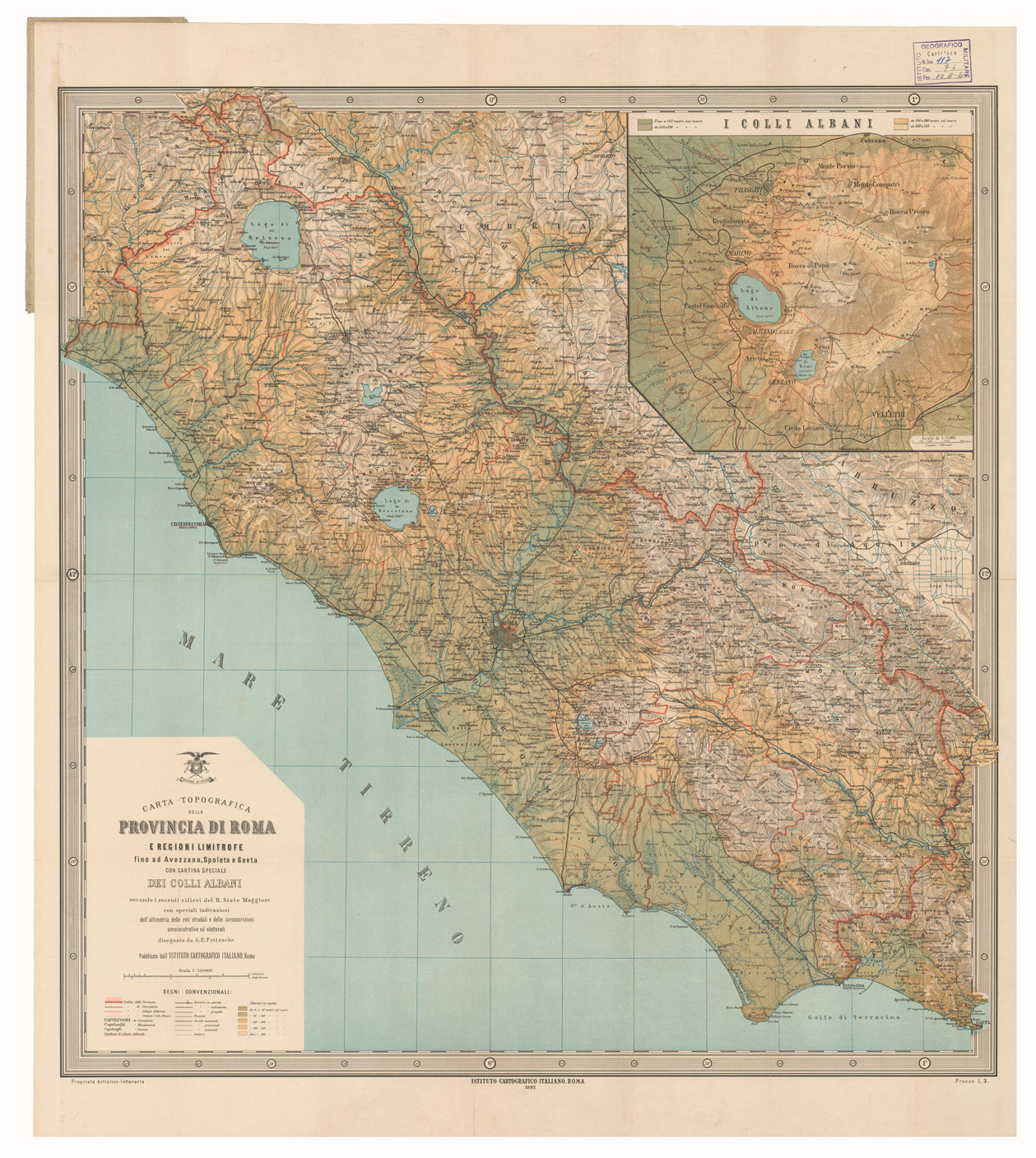 (N:7855) CARTA TOPOGRAFICA DELLA PROVINCIA DI ROMAE REGIONI LIMITROFE FINO AD AVEZZANO, SPOLETO E GAETA CON CARTINA SPECIALE DEI COLLI ALBANI SECONDO I RECENTI RILIEVI DEL REGIO STATO MAGGIORE (B0002545) Carte e stampe antiche: riproduzione a colori su carta (formato A1)