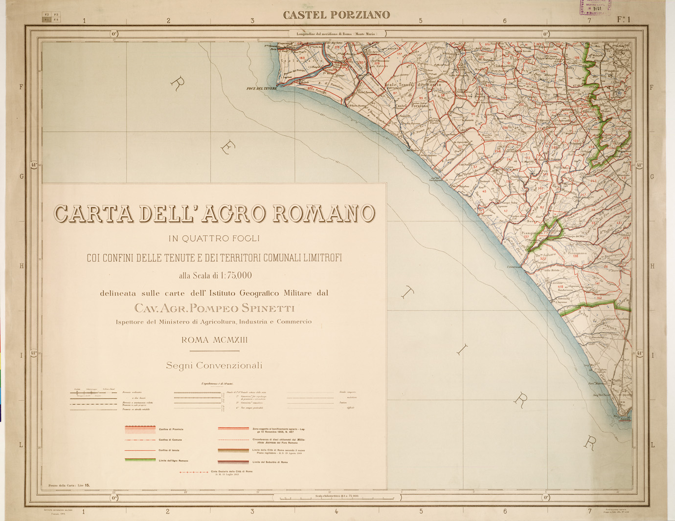 (N:2513) CARTA DELL'AGRO ROMANO - Foglio 1 - Castel Porziano (B0002655) Carte e stampe antiche: riproduzione a colori su carta (formato A1)