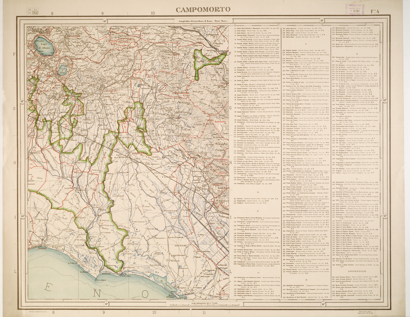 (N:2516) CARTA DELL'AGRO ROMANO - Foglio 4 - Campomorto (B0002658) Carte e stampe antiche: riproduzione a colori su carta (formato A1)