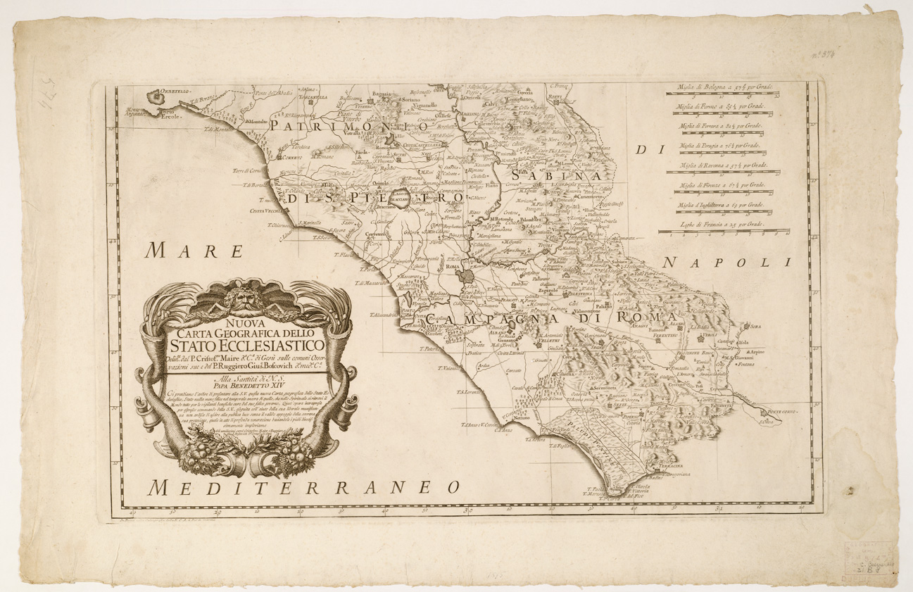 (N:13026) NUOVA CARTA GEOGRAFICA DELLO STATO ECCLESIASTICO DELINEATA DAL P. CRISTOFORO MAIRE D.A C.A DI GESU' SULLE COMUNI OSSERVAZIONI SUE E DEL P. RUGGIERO GIUS.E BOSCOVICH. D.A MED.A C.A. - Foglio 1 (B0002699, B0008253) Carte e stampe antiche: riproduzione a colori su carta (formato A1)