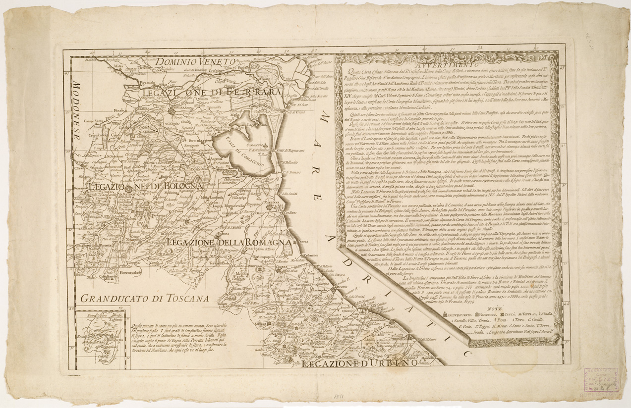 (N:13027) NUOVA CARTA GEOGRAFICA DELLO STATO ECCLESIASTICO DELINEATA DAL P. CRISTOFORO MAIRE D.A C.A DI GESU' SULLE COMUNI OSSERVAZIONI SUE E DEL P. RUGGIERO GIUS.E BOSCOVICH. D.A MED.A C.A. - Foglio 2 (B0002700, B0008254) Carte e stampe antiche: riproduzione a colori su carta (formato A1)