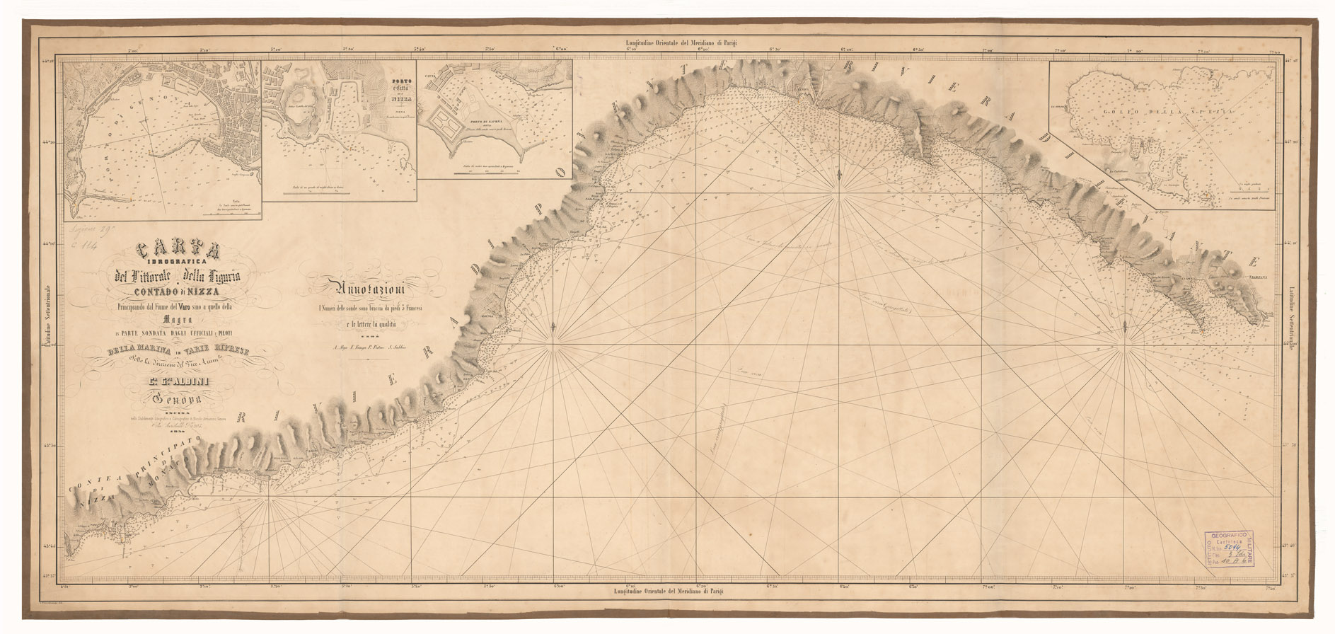 (N:5409) CARTA IDROGRAFICA DEL LITTORALE DELLA LIGURIA E CONTADO DI NIZZA PRINCIPIANDO DAL FIUME DEL VARO SINO A QUELLO DELLA MAGRA IN PARTE SONDATA DAGLI UFFICIALI E PILOTI DELLA MARINA (B0002754) Carte e stampe antiche: riproduzione a colori su carta (formato A1)