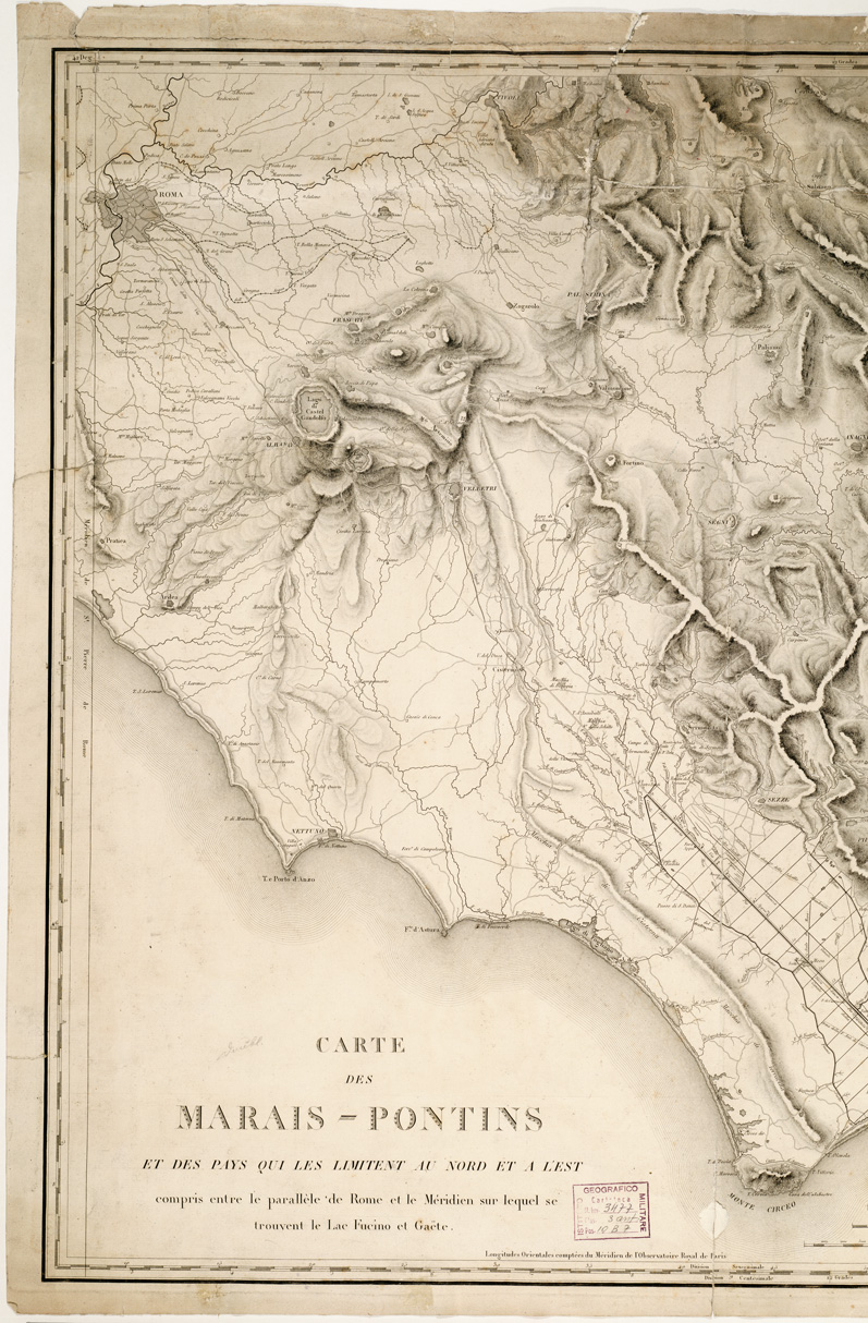 (N:8549) CARTE DES MARAIS - PONTINS ET DES PAYS QUI LES LIMITENT AU NORD ET A L'EST COMPRIS ENTRE LE PARALLELE DE ROME ET LE MERIDIEN SUR LEQUEL SE TROUVENT LE LAC FUCINO ET GAETE (s. d.). (Agro Pontino) (B0002777, B0002778, B2777-78) Carte e stampe antiche: riproduzione a colori su carta (formato A1)