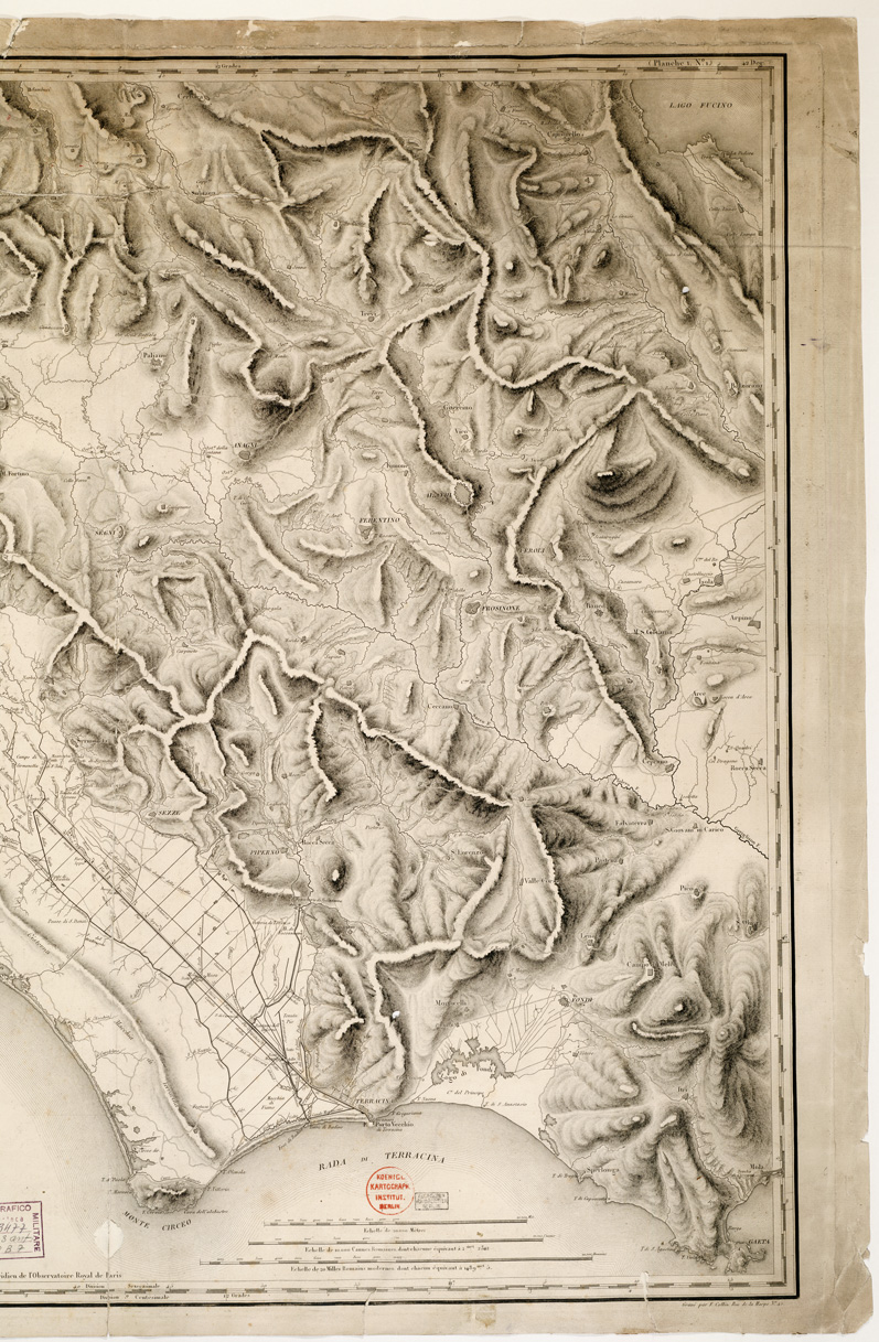 (N:8549) CARTE DES MARAIS - PONTINS ET DES PAYS QUI LES LIMITENT AU NORD ET A L'EST COMPRIS ENTRE LE PARALLELE DE ROME ET LE MERIDIEN SUR LEQUEL SE TROUVENT LE LAC FUCINO ET GAETE (s. d.). (Agro Pontino) (B0002777, B0002778, B2777-78) Carte e stampe antiche: riproduzione a colori su carta (formato A1)