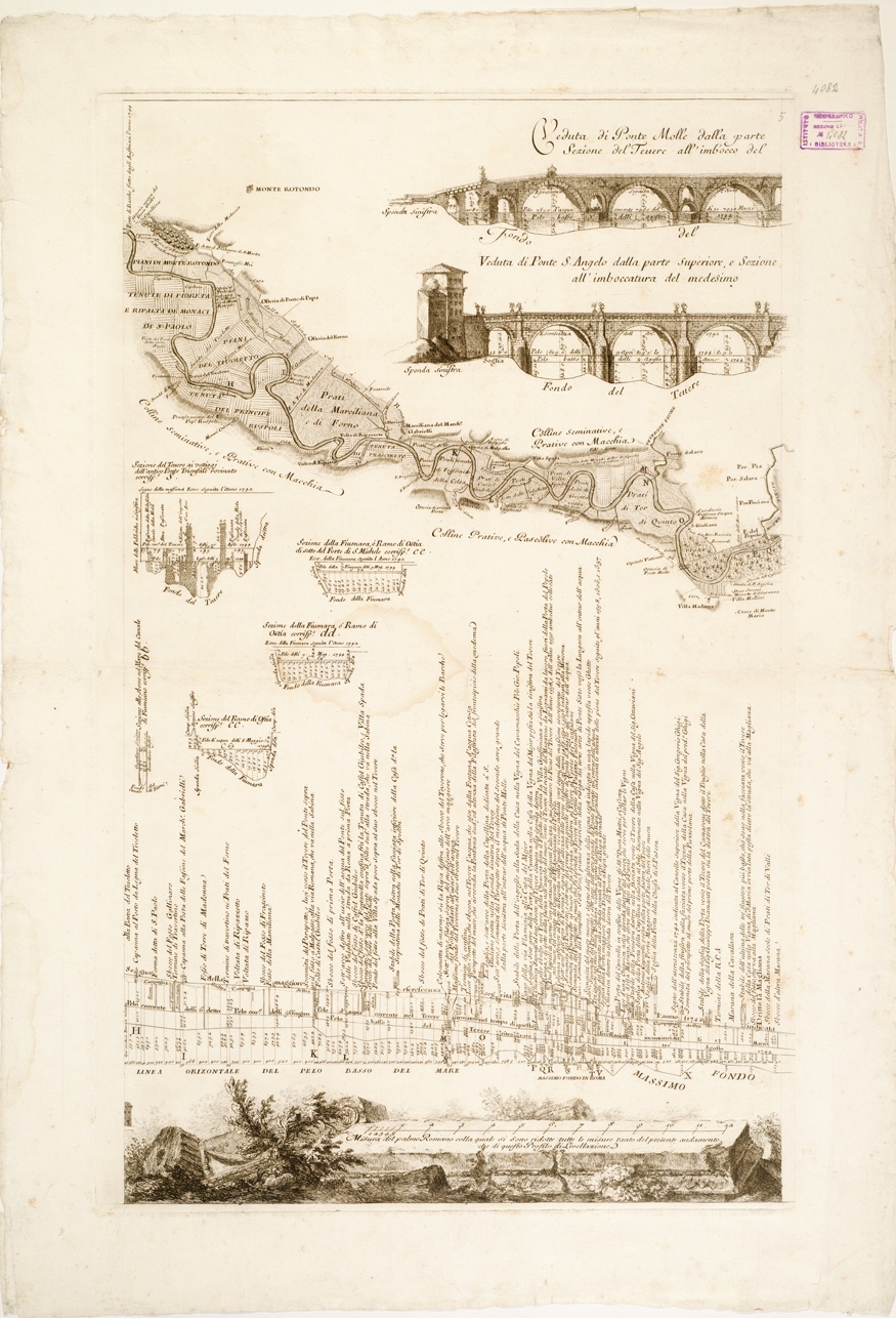 (N:462) PIANTA DEL CORSO DEL TEVERE E SUE ADIACENZE DALLO SBOCCO DELLA NERA FINO AL MARE E PROFILO DI LIVELLAZIONE DEL MEDESIMO IL TUTTO FATTO L'ANNO MDCCXLIV PER COMANDO DI N. S. PAPA BENEDETTO XIV FELICEMENTE REGNANTE - Foglio 5 (B0002804) Carte e stampe antiche: riproduzione a colori su carta (formato A1)
