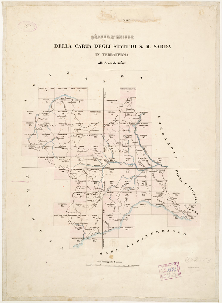 (N:6363) CARTA TOPOGRAFICA DEGLI STATI IN TERRAFERMADI S. M. IL RE DI SARDEGNA ALLA SCALA DI 1:50.000. OPERA DEL CORPO REALE DELLO STATO MAGGIORE - Quadro d'unione (B0002805) Carte e stampe antiche: riproduzione a colori su carta (formato A1)