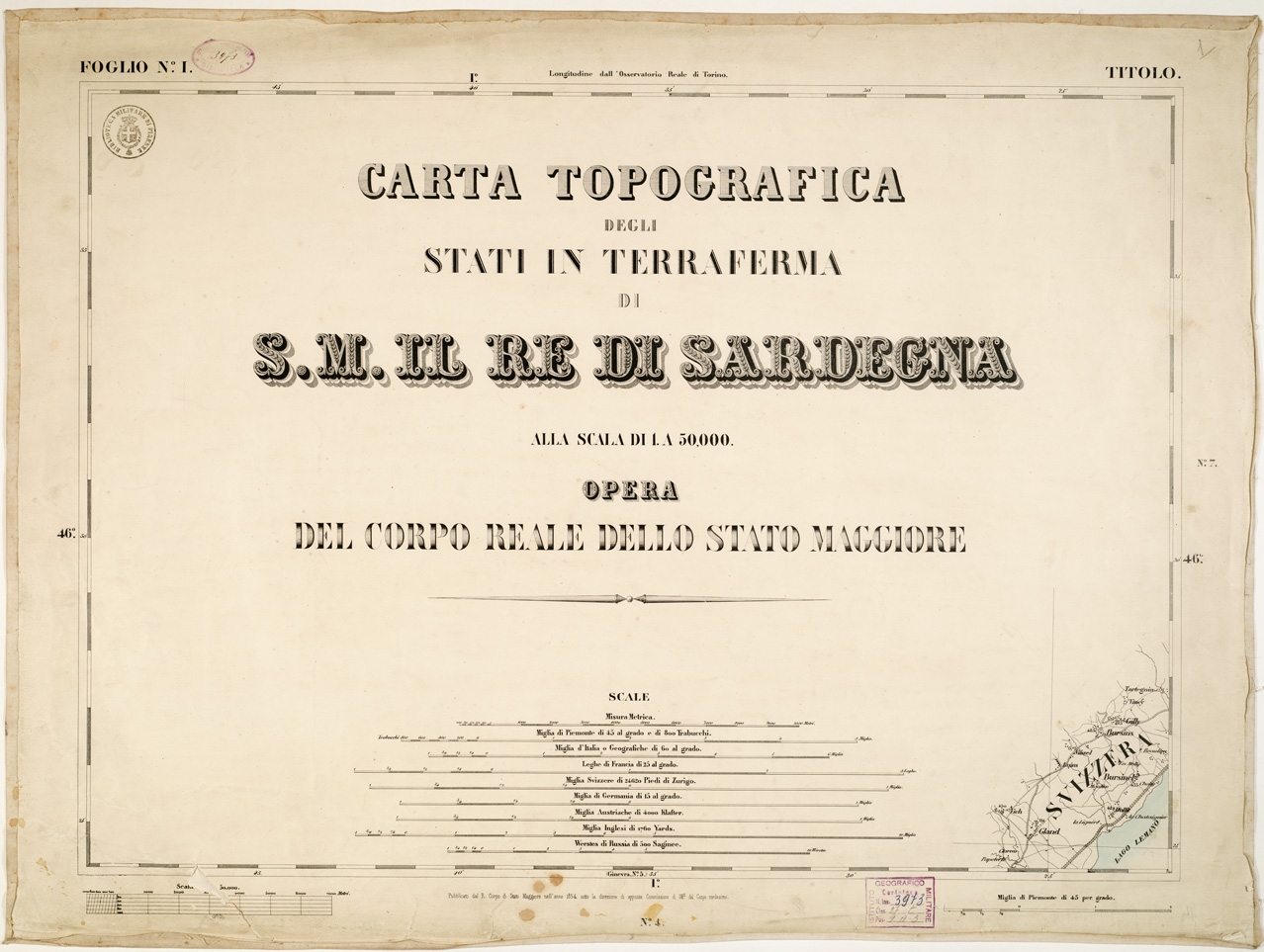 (N:6355) CARTA TOPOGRAFICA DEGLI STATI IN TERRAFERMA... - Foglio 1 - Titolo (B0002806) Carte e stampe antiche: riproduzione a colori su carta (formato A1)