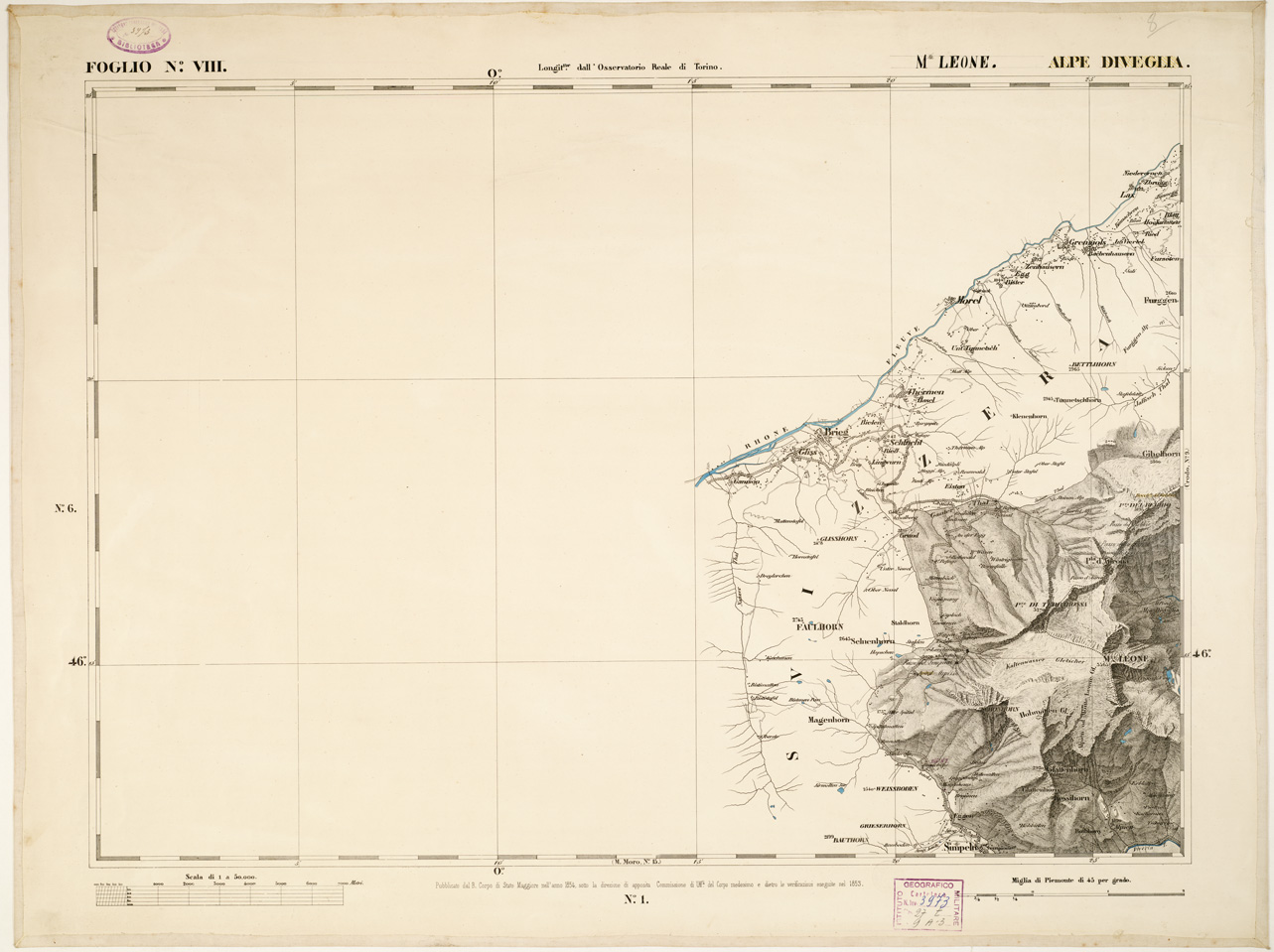 (N:6362) CARTA TOPOGRAFICA DEGLI STATI IN TERRAFERMA... - Foglio 8 - Alpe Diveglia (B0002813) Carte e stampe antiche: riproduzione a colori su carta (formato A1)