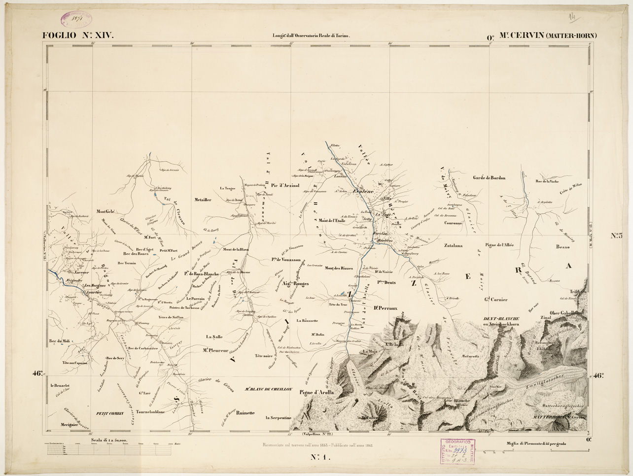 (N:6318) CARTA TOPOGRAFICA DEGLI STATI IN TERRAFERMA... - Foglio 14 - M.te Cervin (Matter-Horn) (B0002819) Carte e stampe antiche: riproduzione a colori su carta (formato A1)