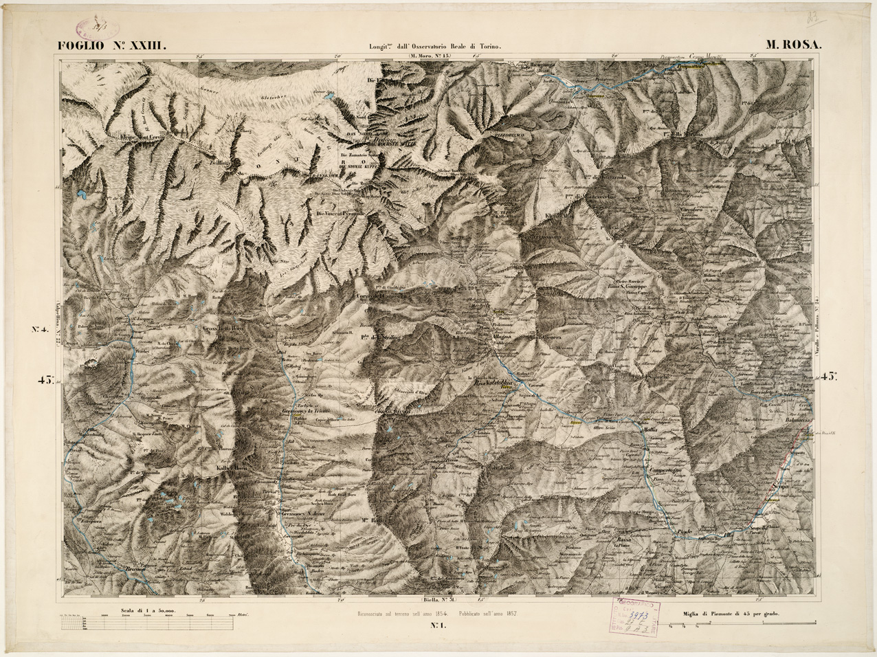 (N:6336) CARTA TOPOGRAFICA DEGLI STATI IN TERRAFERMA... - Foglio 23 - M. Rosa (B0002828) Carte e stampe antiche: riproduzione a colori su carta (formato A1)