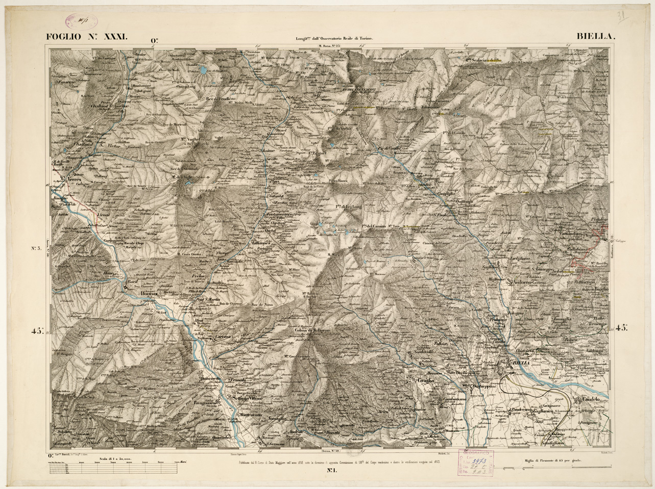 (N:6344) CARTA TOPOGRAFICA DEGLI STATI IN TERRAFERMA... - Foglio 31 - Biella (B0002836) Carte e stampe antiche: riproduzione a colori su carta (formato A1)