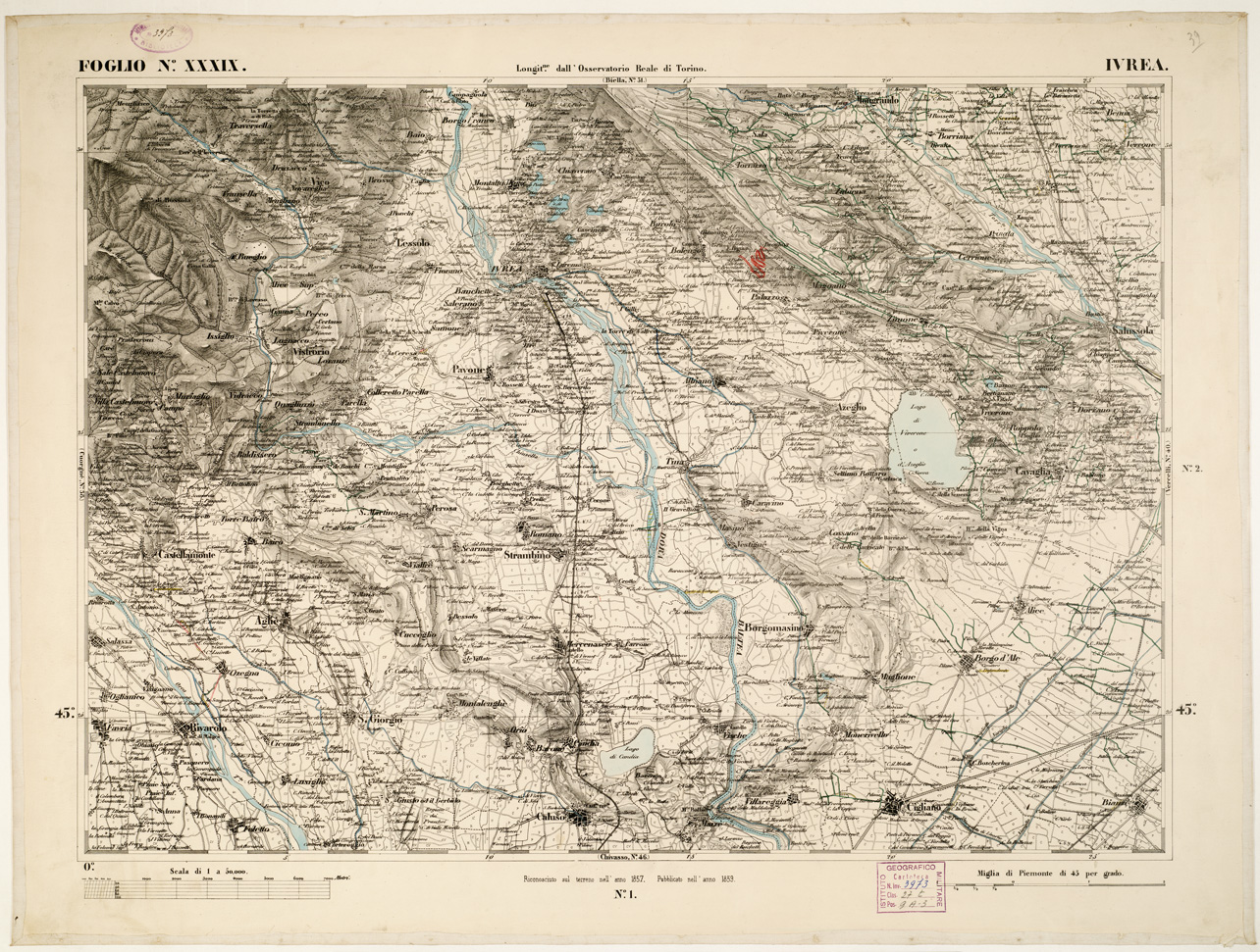 (N:6348) CARTA TOPOGRAFICA DEGLI STATI IN TERRAFERMA... - Foglio 39 - Ivrea (B0002844) Carte e stampe antiche: riproduzione a colori su carta (formato A1)