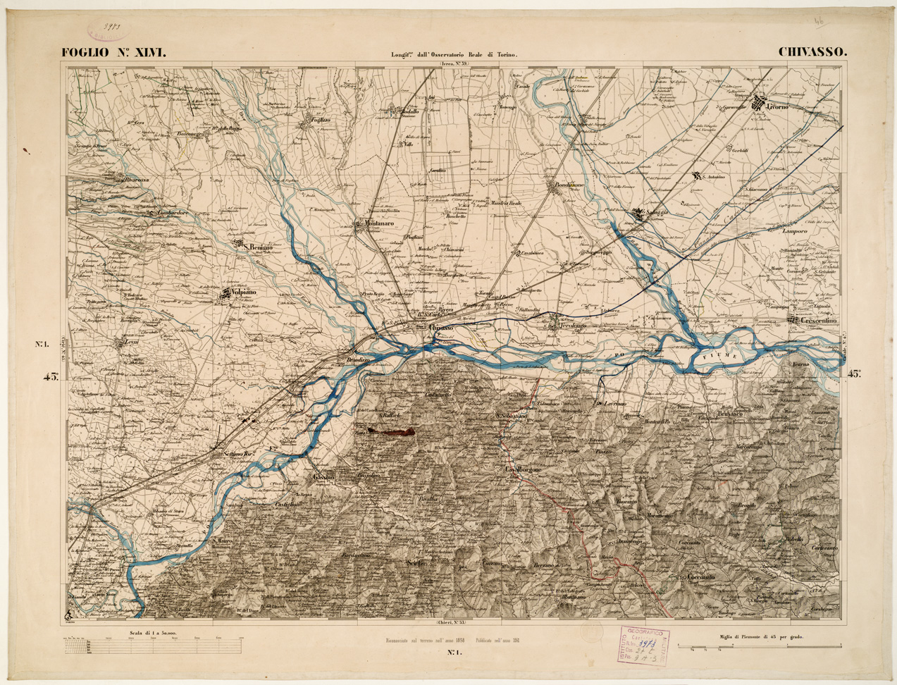 (N:6325) CARTA TOPOGRAFICA DEGLI STATI IN TERRAFERMA... - Foglio 46 - Chivasso (B0002851) Carte e stampe antiche: riproduzione a colori su carta (formato A1)