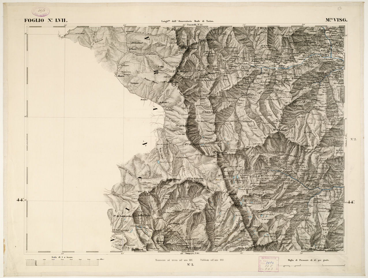 (N:6278) CARTA TOPOGRAFICA DEGLI STATI IN TERRAFERMA... - Foglio 57 - M.te Viso (B0002862) Carte e stampe antiche: riproduzione a colori su carta (formato A1)