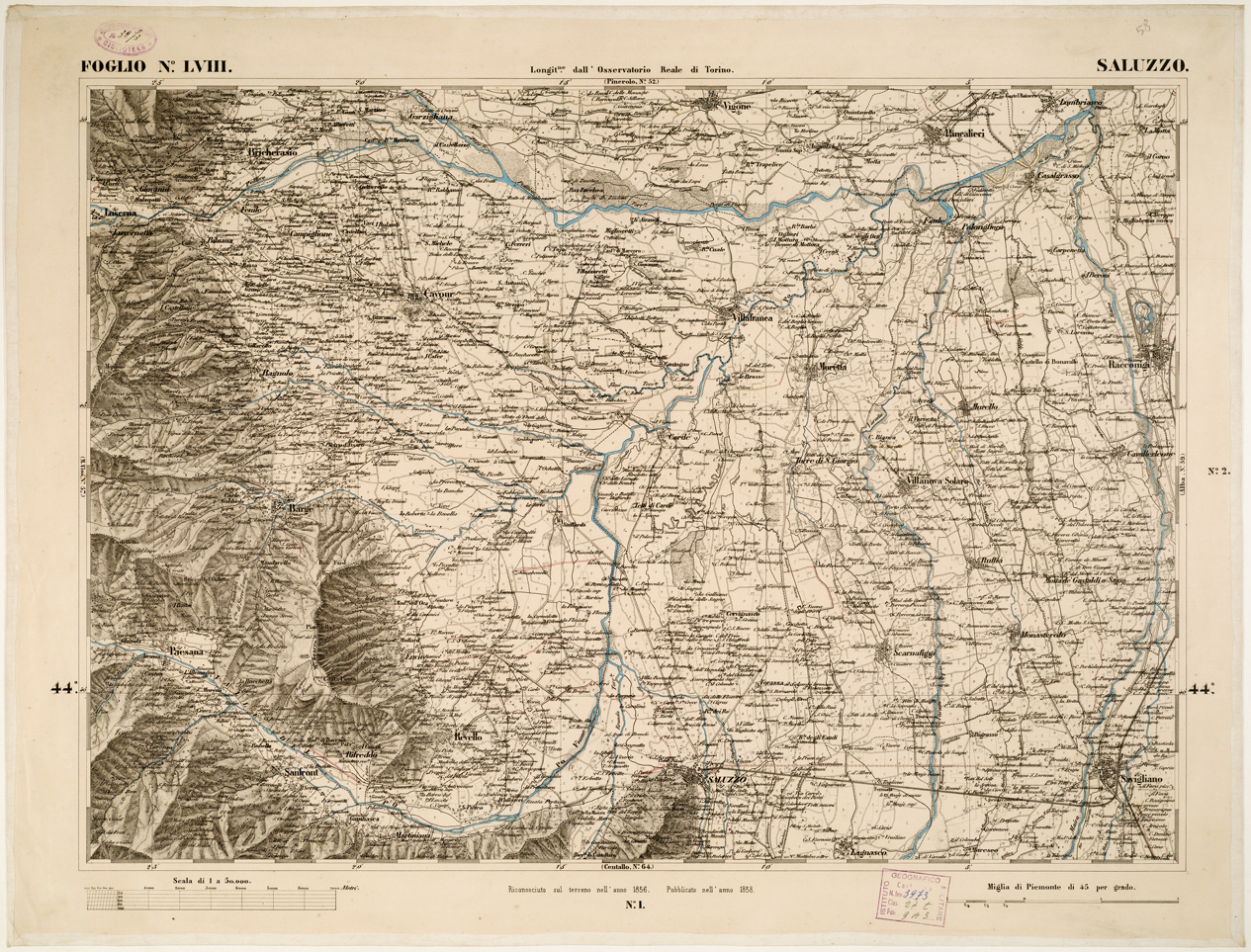 (N:6279) CARTA TOPOGRAFICA DEGLI STATI IN TERRAFERMA... - Foglio 58 - Saluzzo (B0002863) Carte e stampe antiche: riproduzione a colori su carta (formato A1)